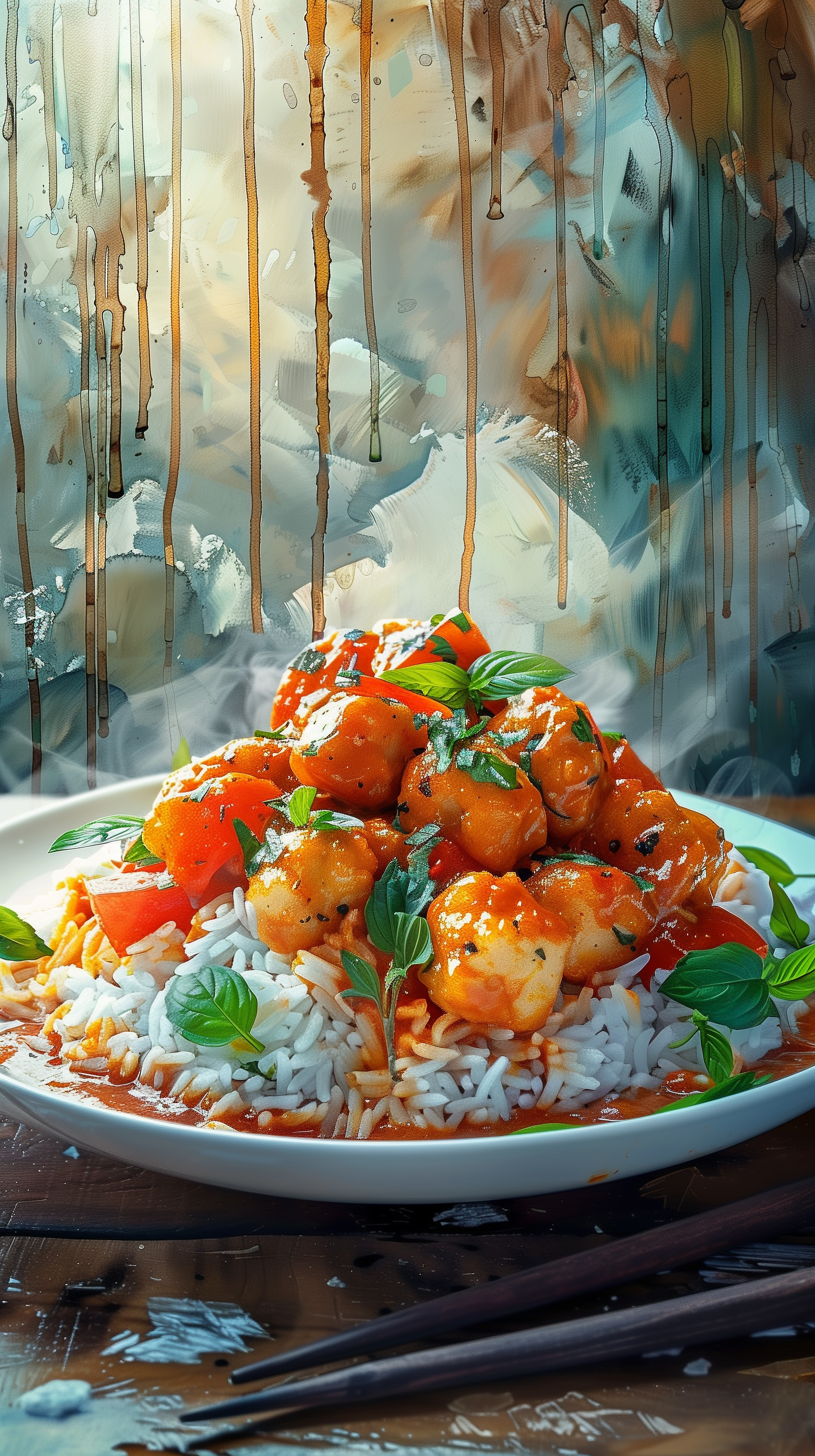 Appetizing plate of rice with savory toppings as a phone wallpaper