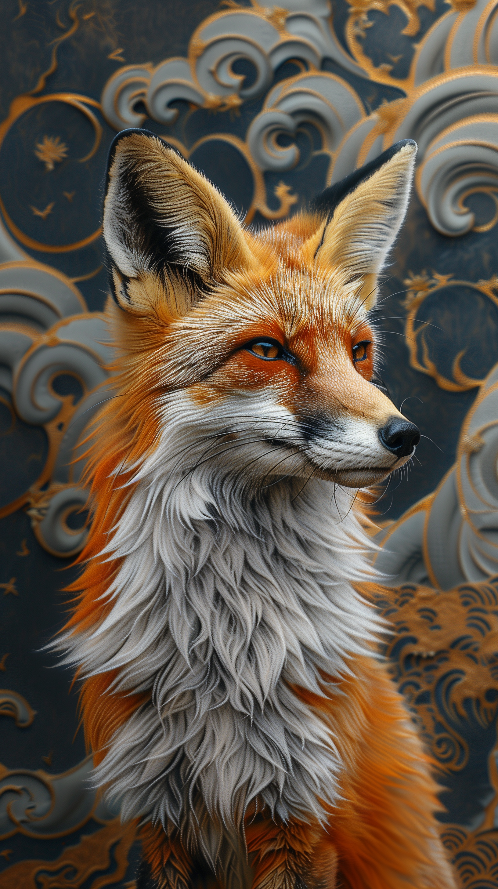 A striking red fox features prominently, showcasing its vibrant fur and expressive eyes, set against an ornate backdrop. An artistic phone wallpaper that captures nature's beauty.