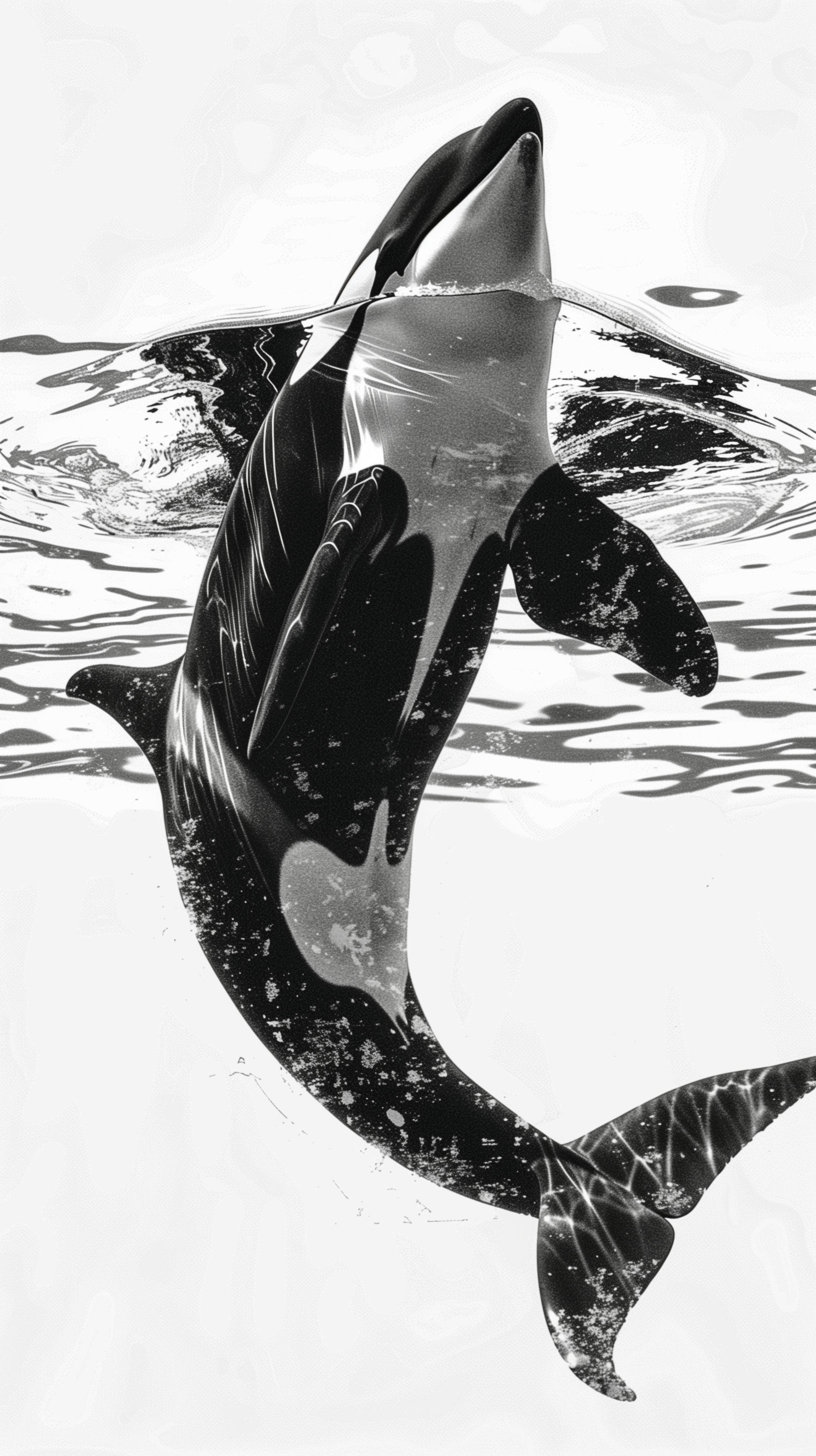 A striking black and white phone wallpaper featuring an orca swimming beneath the surface, showcasing its graceful form against the shimmering water.