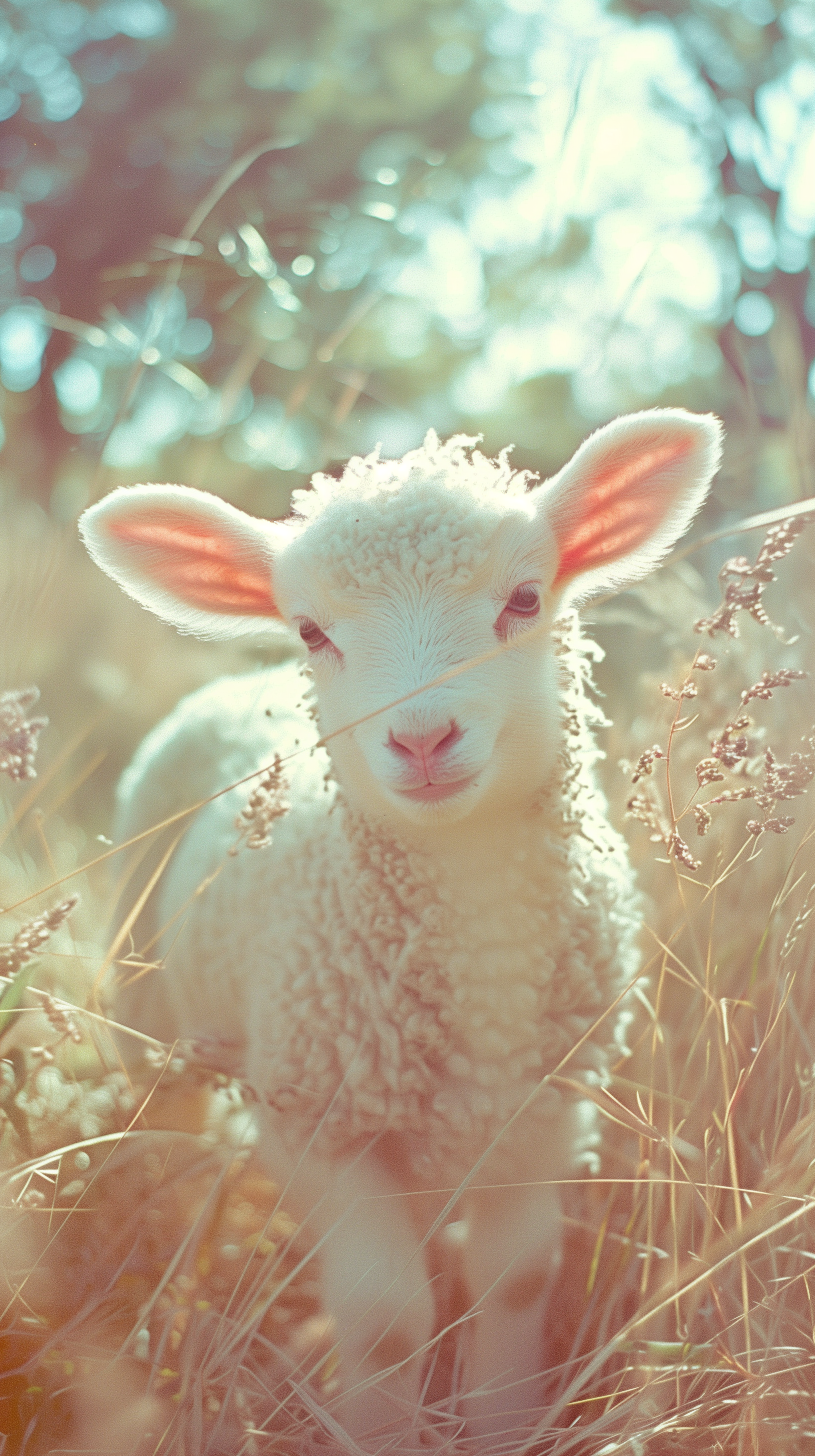A charming lamb gazes curiously amidst tall grass, bathed in soft, natural light, making it a delightful phone wallpaper.