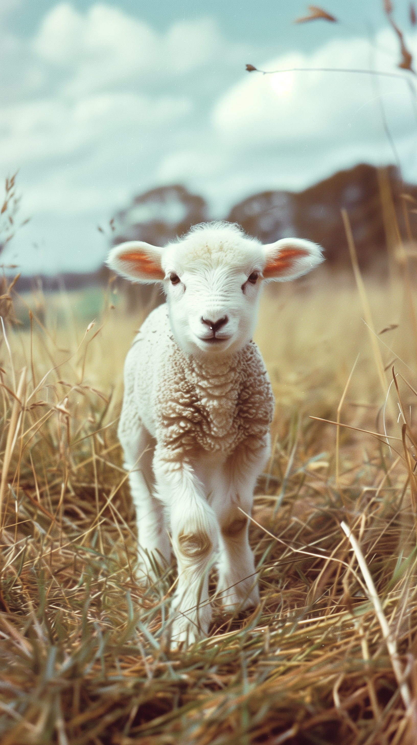 A charming lamb walks through tall grass under a blue sky, captured in a serene landscape, making for a delightful phone wallpaper.
