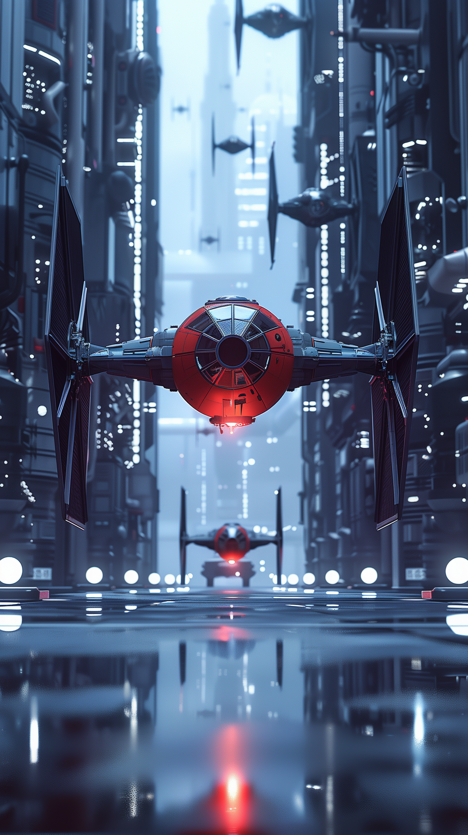 TIE Fighter fan art as a futuristic phone wallpaper with detailed cityscape background.