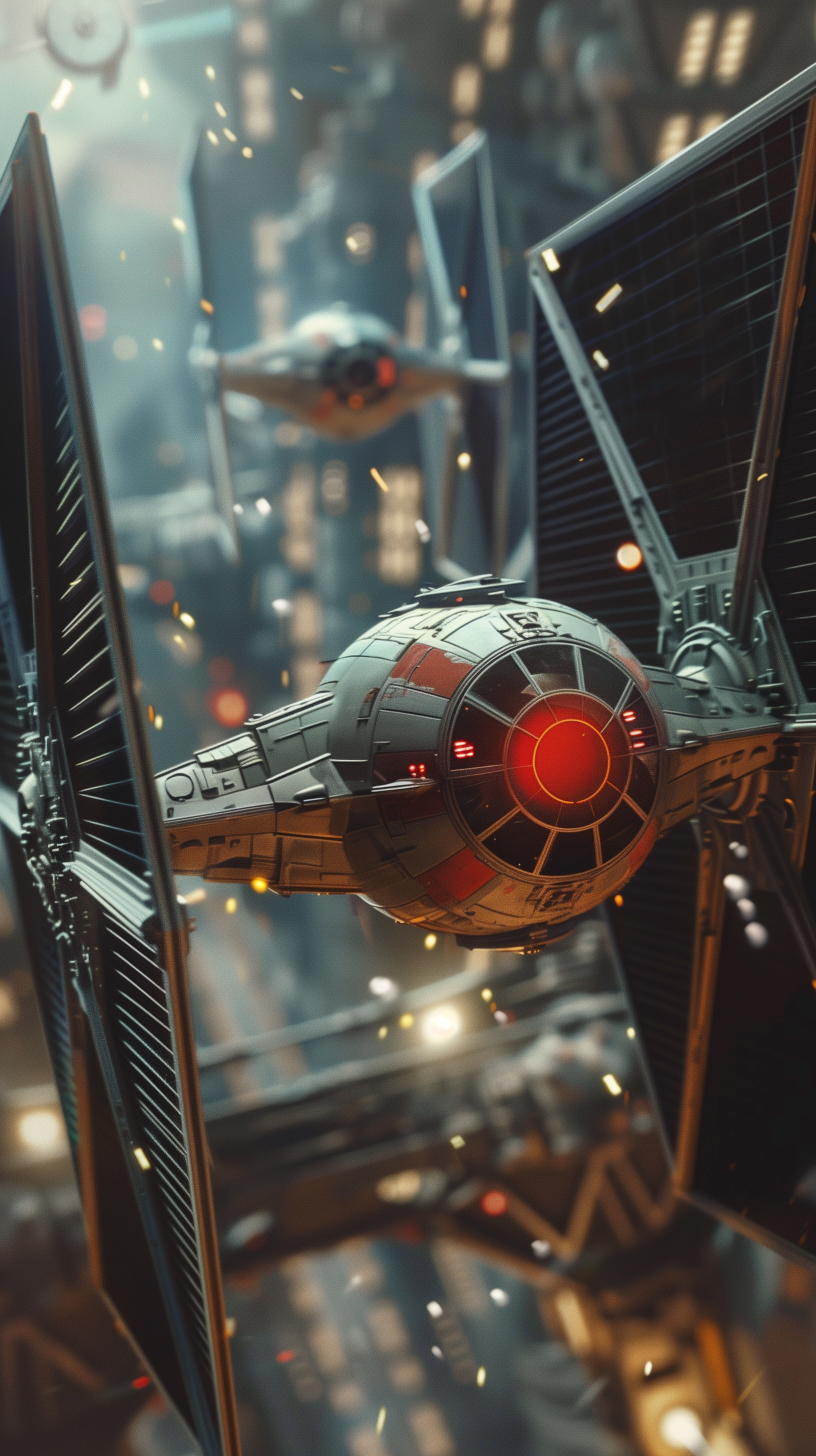 TIE Fighter fan art phone wallpaper depicting the iconic starfighter soaring through a detailed sci-fi cityscape.