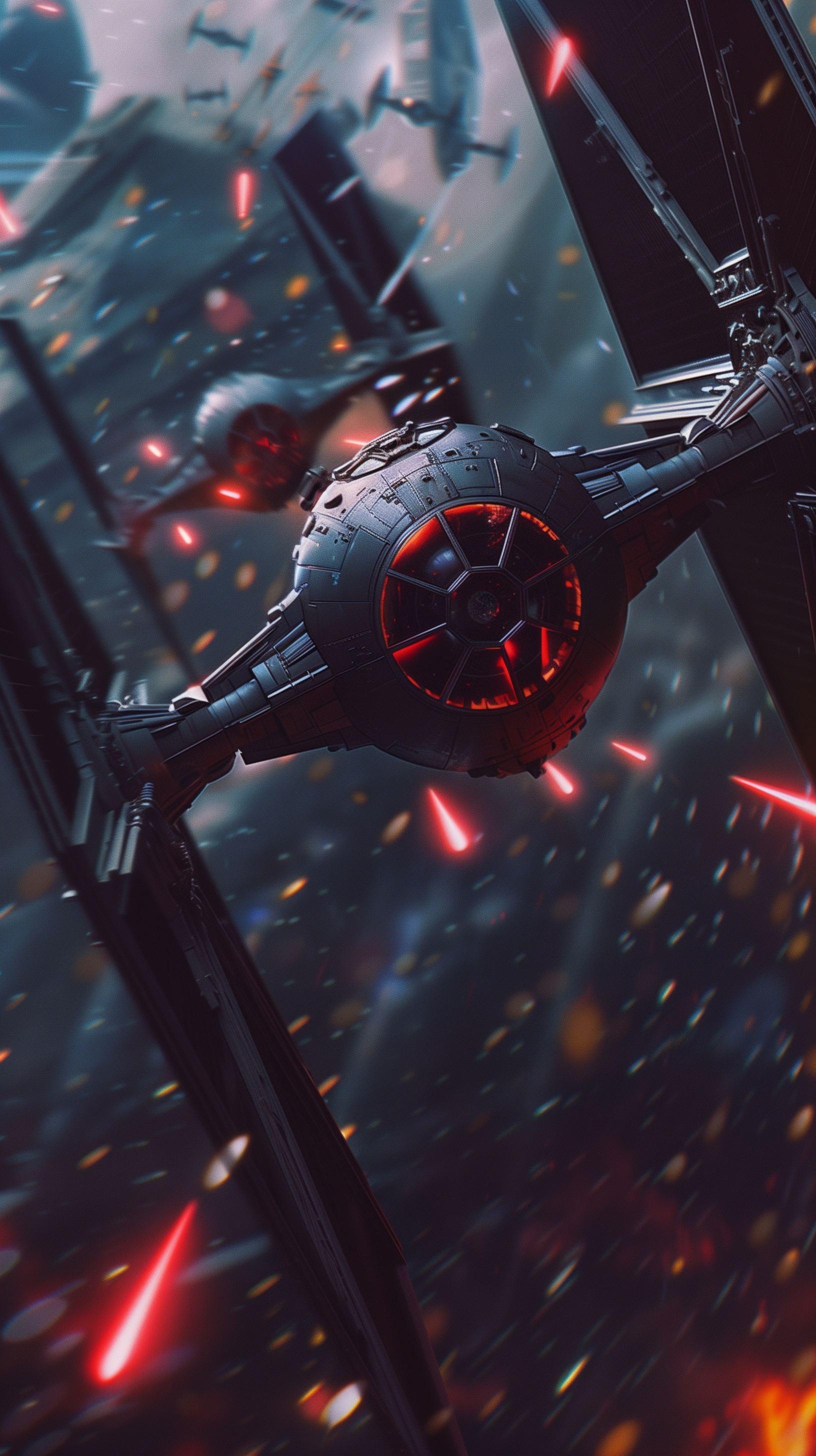 A dynamic fan art depiction of a TIE Fighter surrounded by vibrant explosions and laser fire, designed as an eye-catching phone wallpaper.