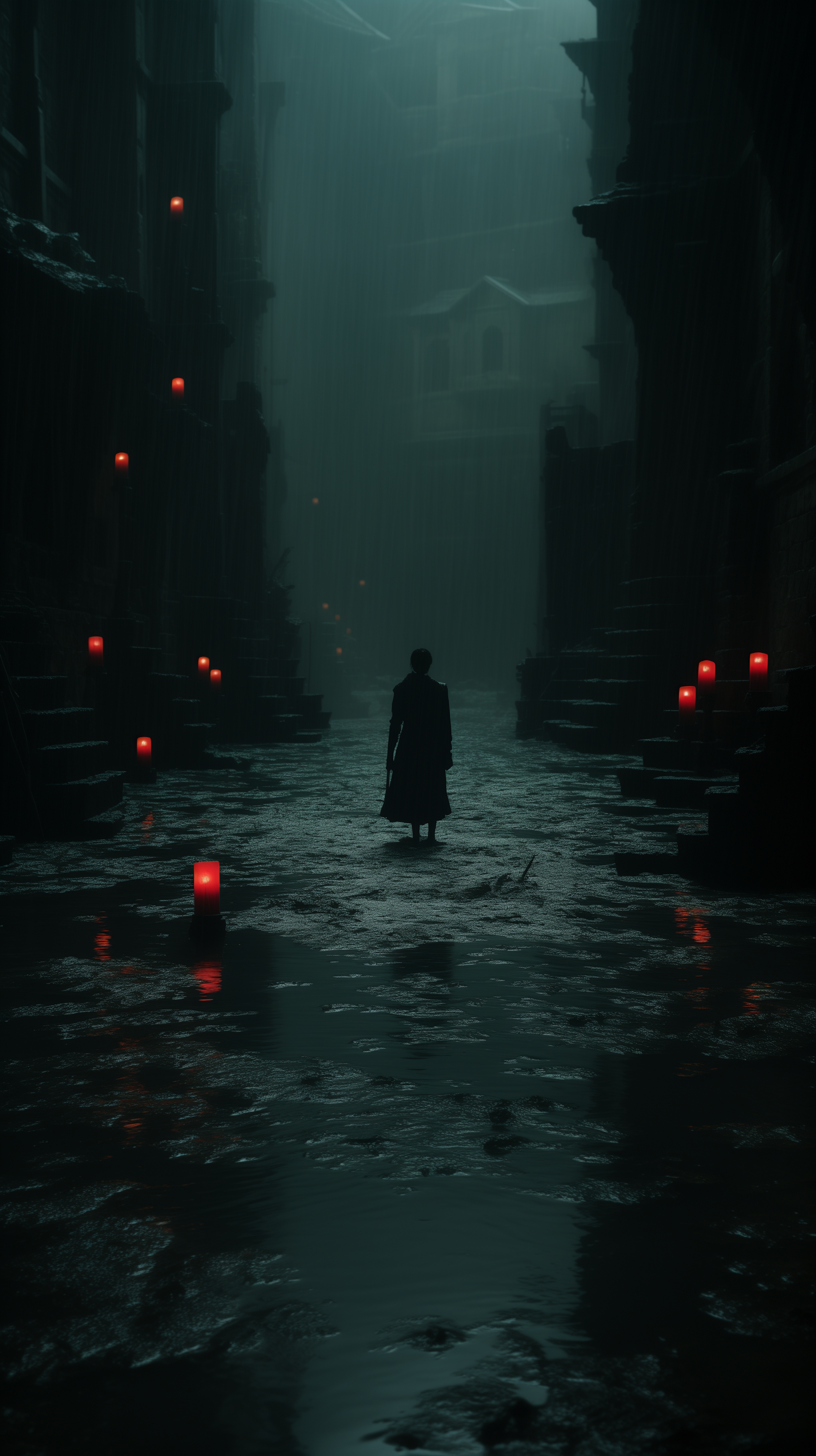 Moody phone wallpaper featuring a solitary figure in a dark, wet street illuminated by red lights at night.