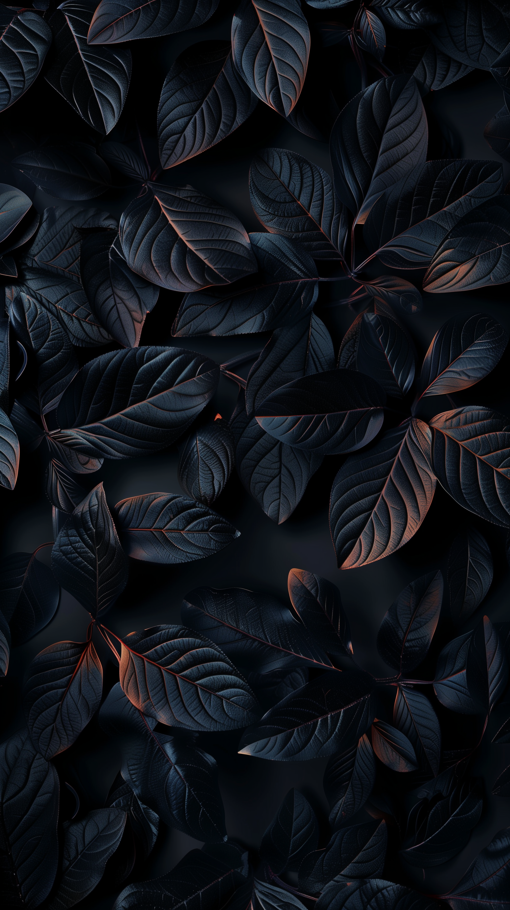 A phone wallpaper featuring dark, textured leaves arranged closely together, creating a moody and sophisticated atmosphere.