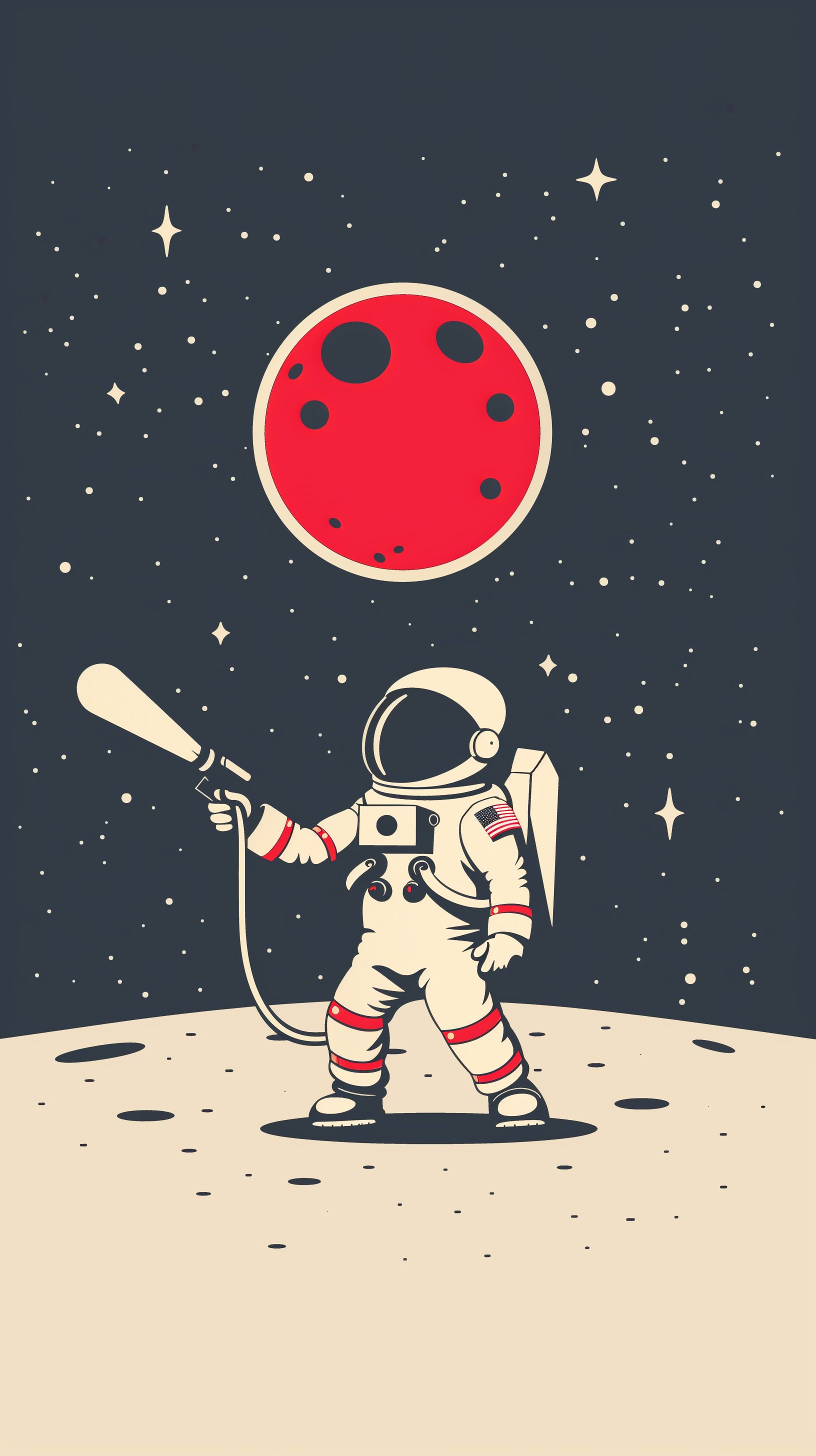 Space-themed phone wallpaper featuring an astronaut with a blaster standing on a moon surface with a large red planet in the background.