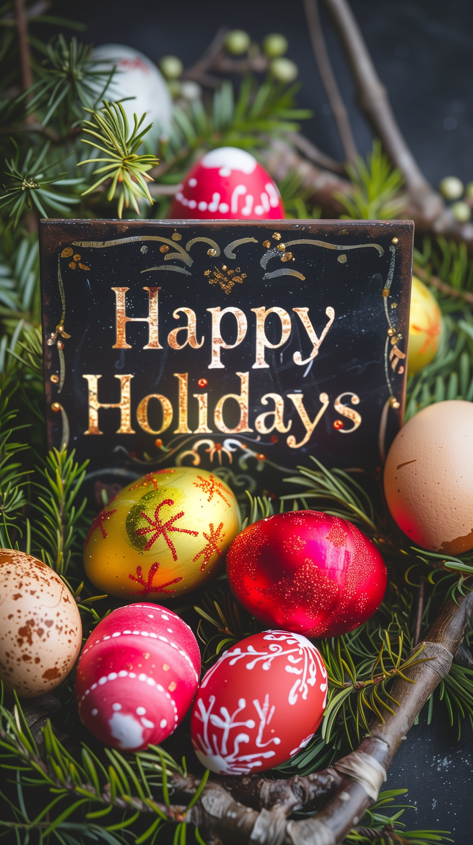 A festive phone wallpaper featuring colorful Easter eggs arranged around a sign that reads Happy Holidays, set against a backdrop of greenery.