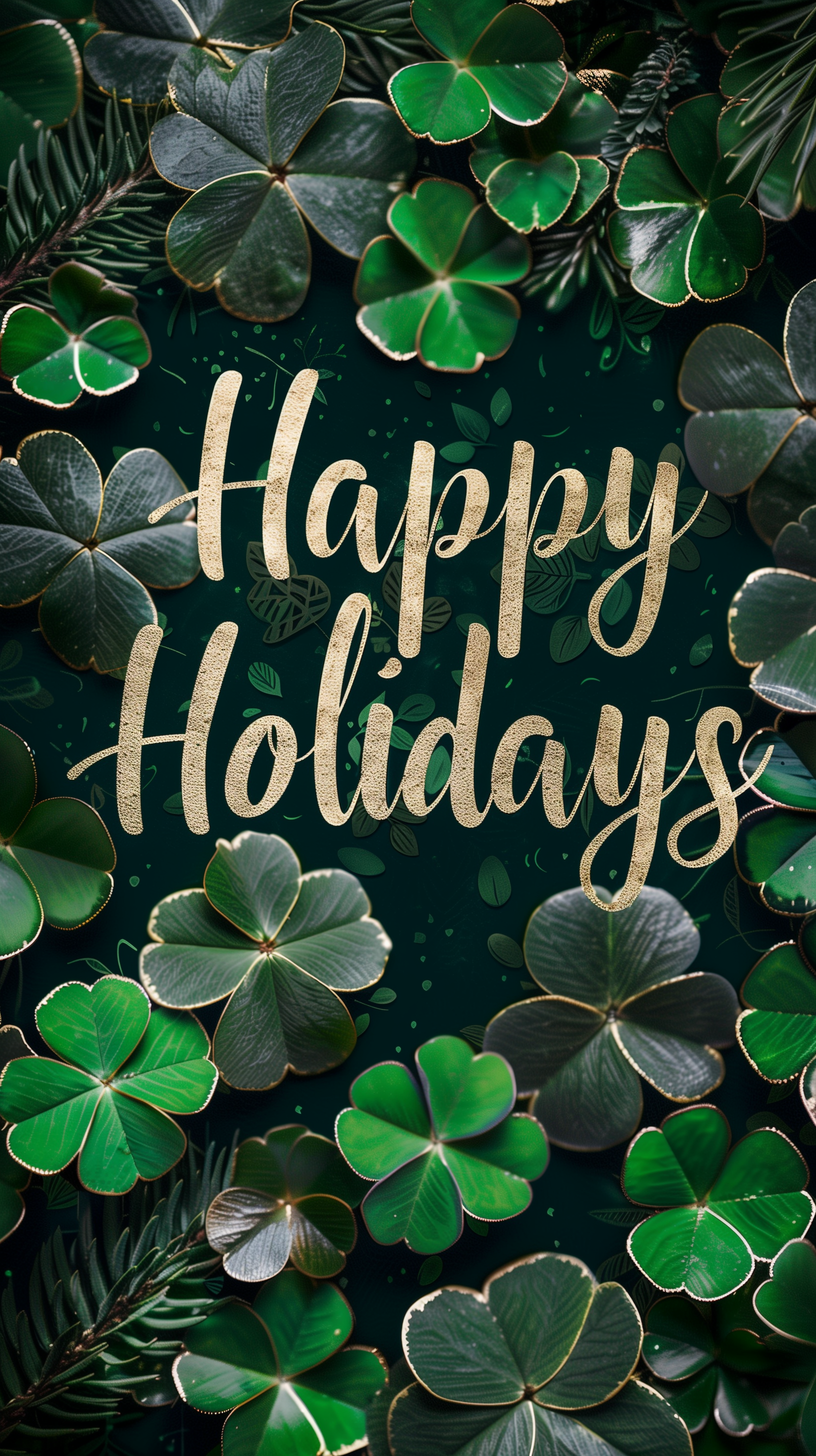 Happy Holidays calligraphy with clovers on festive dark green background, mobile wallpaper design.
