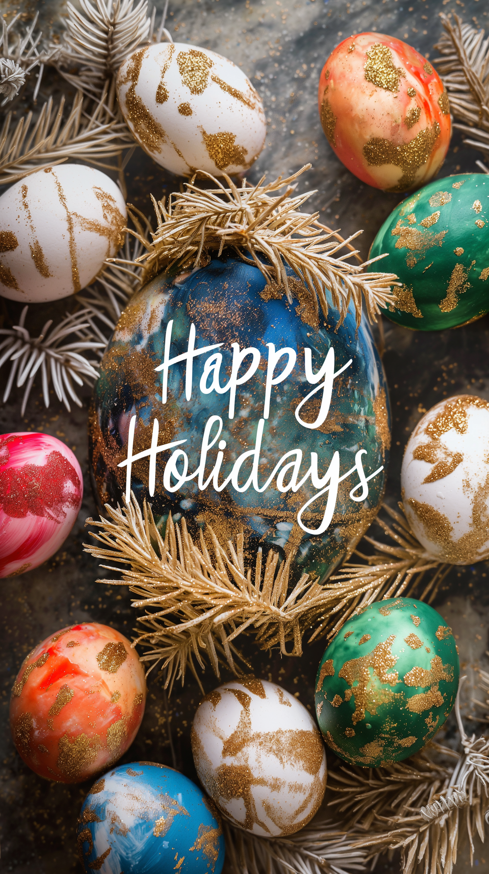 Easter-themed phone wallpaper featuring decorative eggs and Happy Holidays text surrounded by festive decorations.