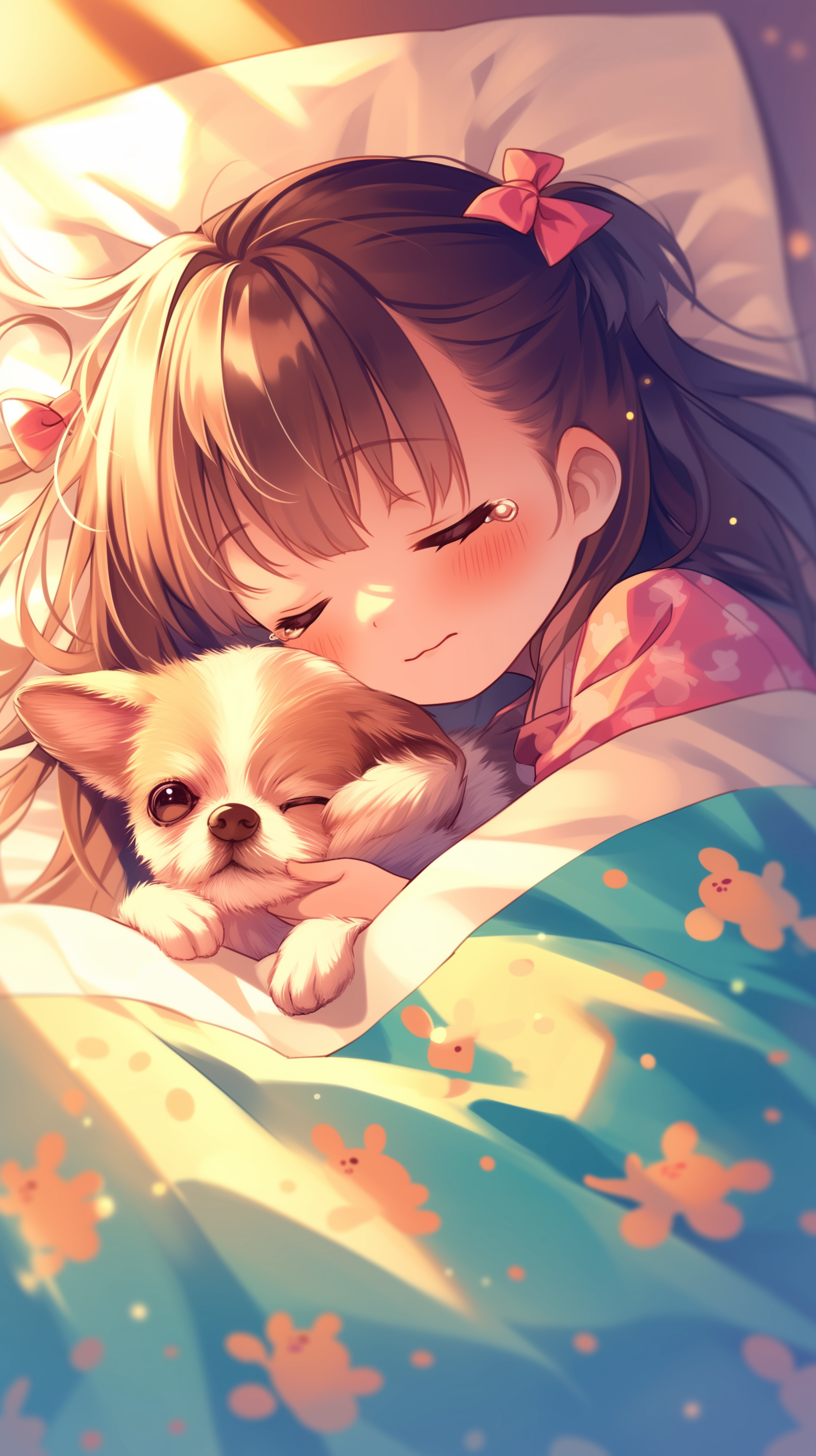 Anime girl cuddling with a chihuahua for a cozy phone wallpaper.
