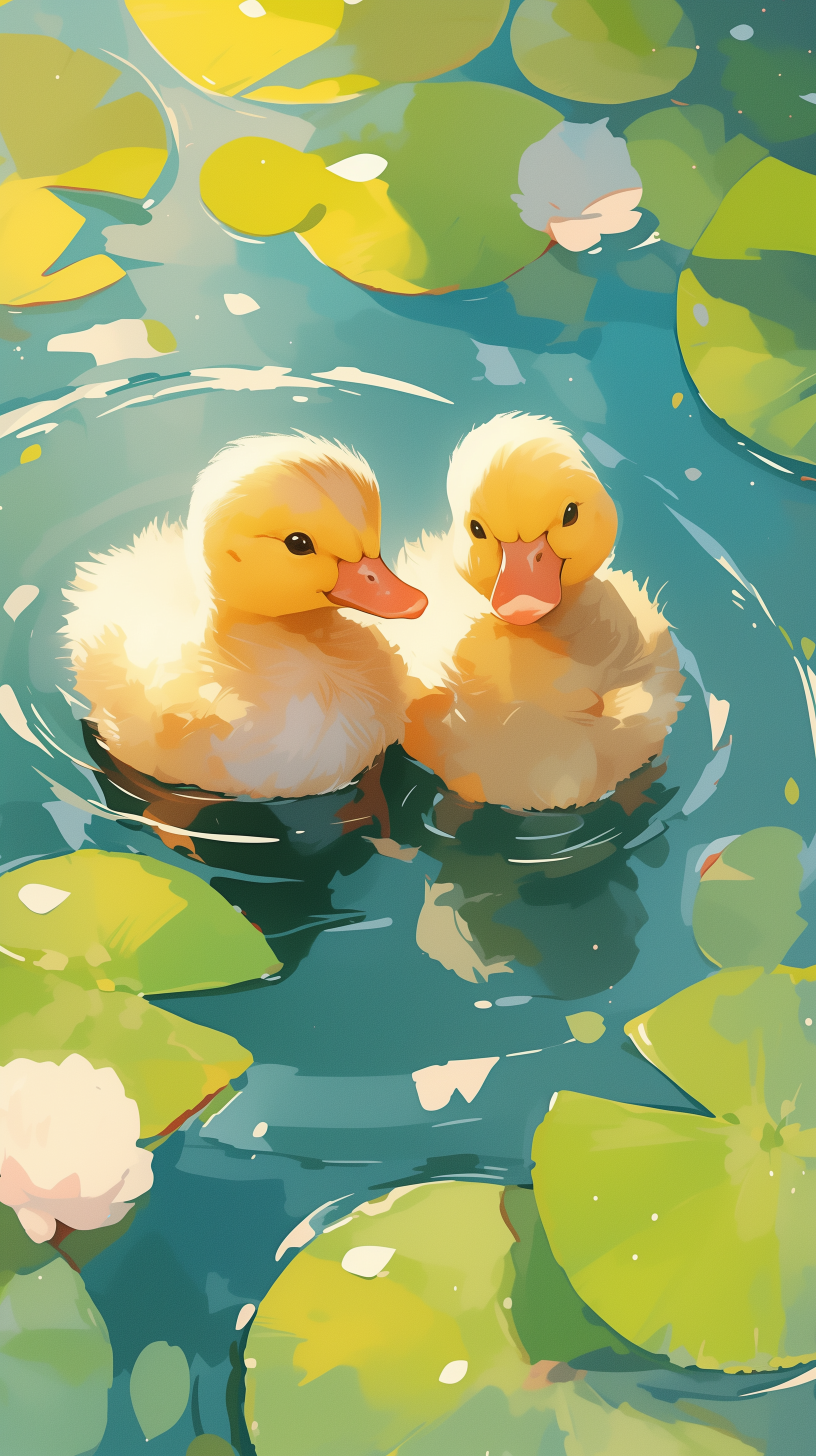 Cute phone wallpaper featuring two adorable ducklings swimming among green lily pads on a sunny day.
