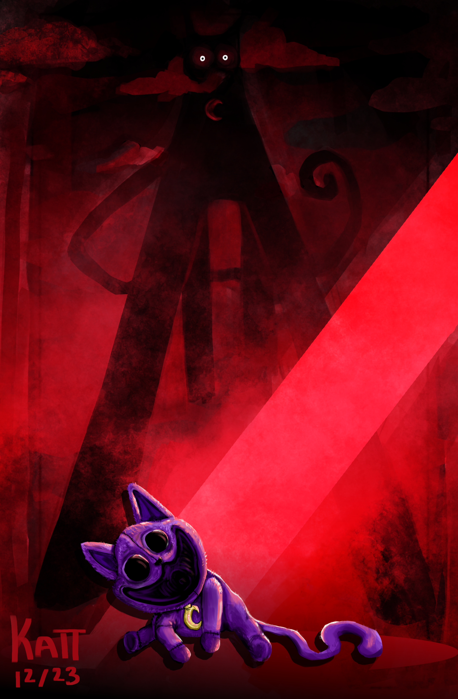 Dramatic Poppy Playtime-themed phone wallpaper featuring the character CatNap illuminated by a menacing red light.
