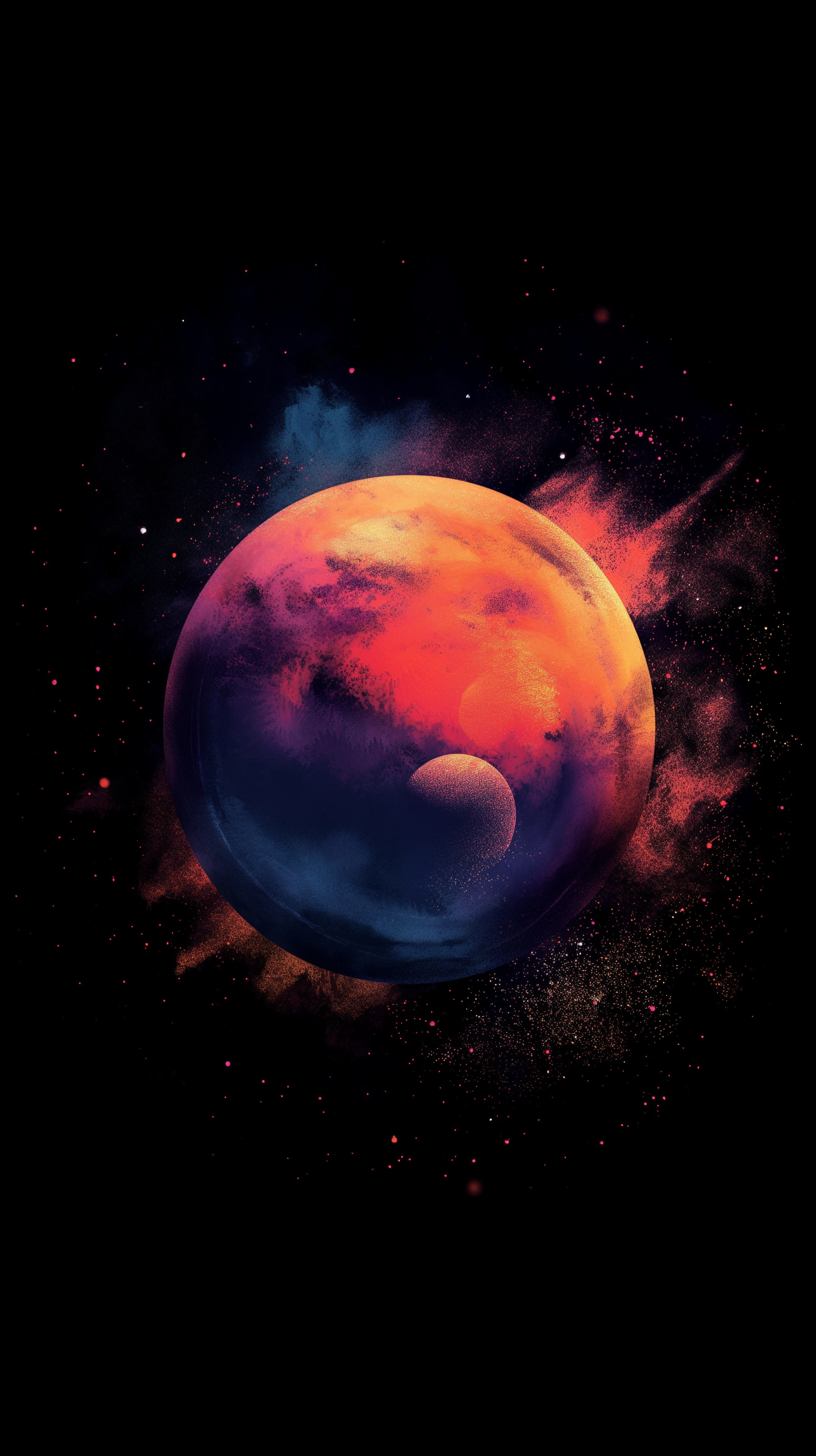 Vibrant space-themed phone wallpaper featuring an artistic depiction of a colorful planet against a starry galaxy background.