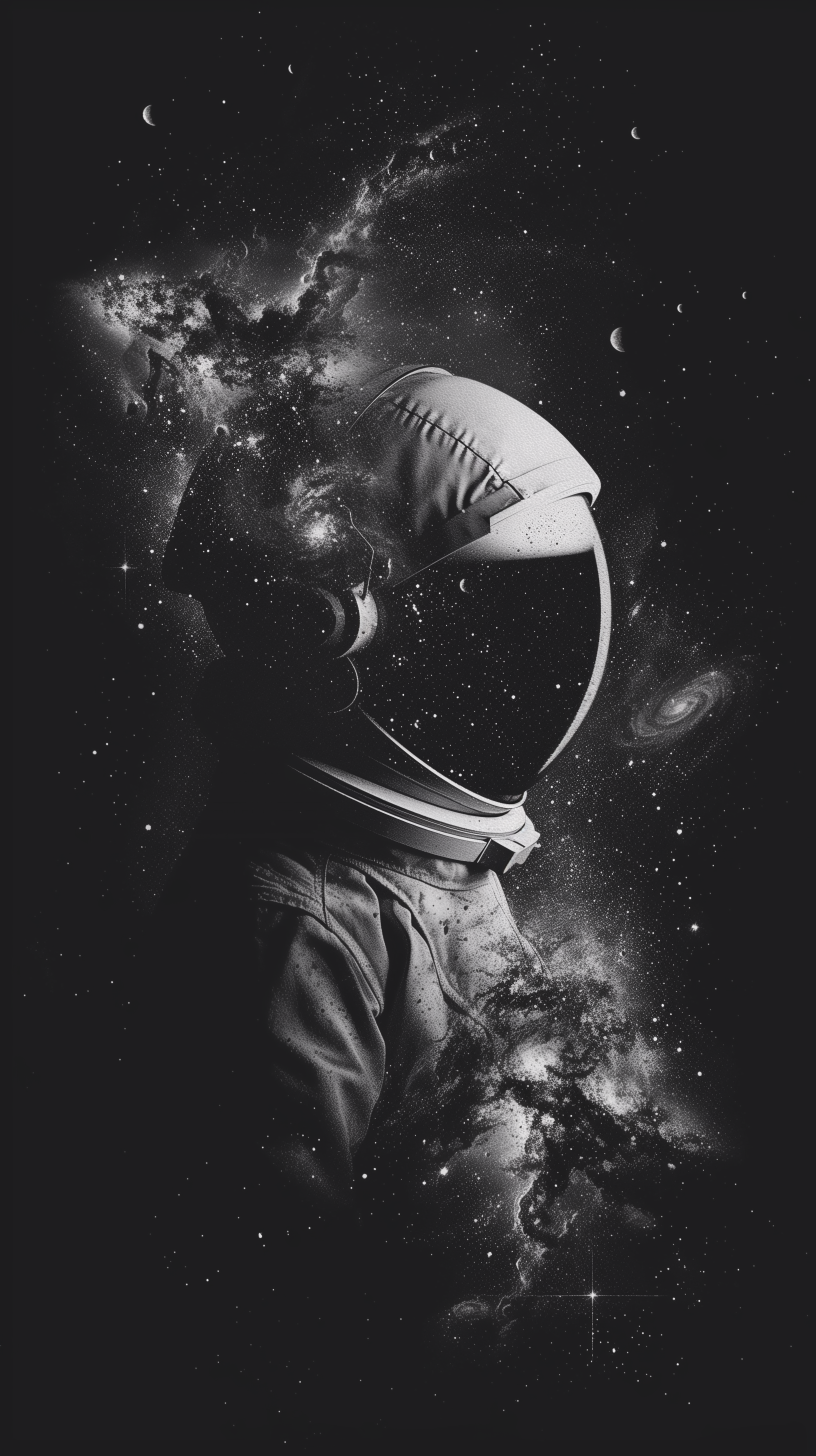 Phone wallpaper featuring an astronaut with galaxies, stars, and planets in a mesmerizing space background.
