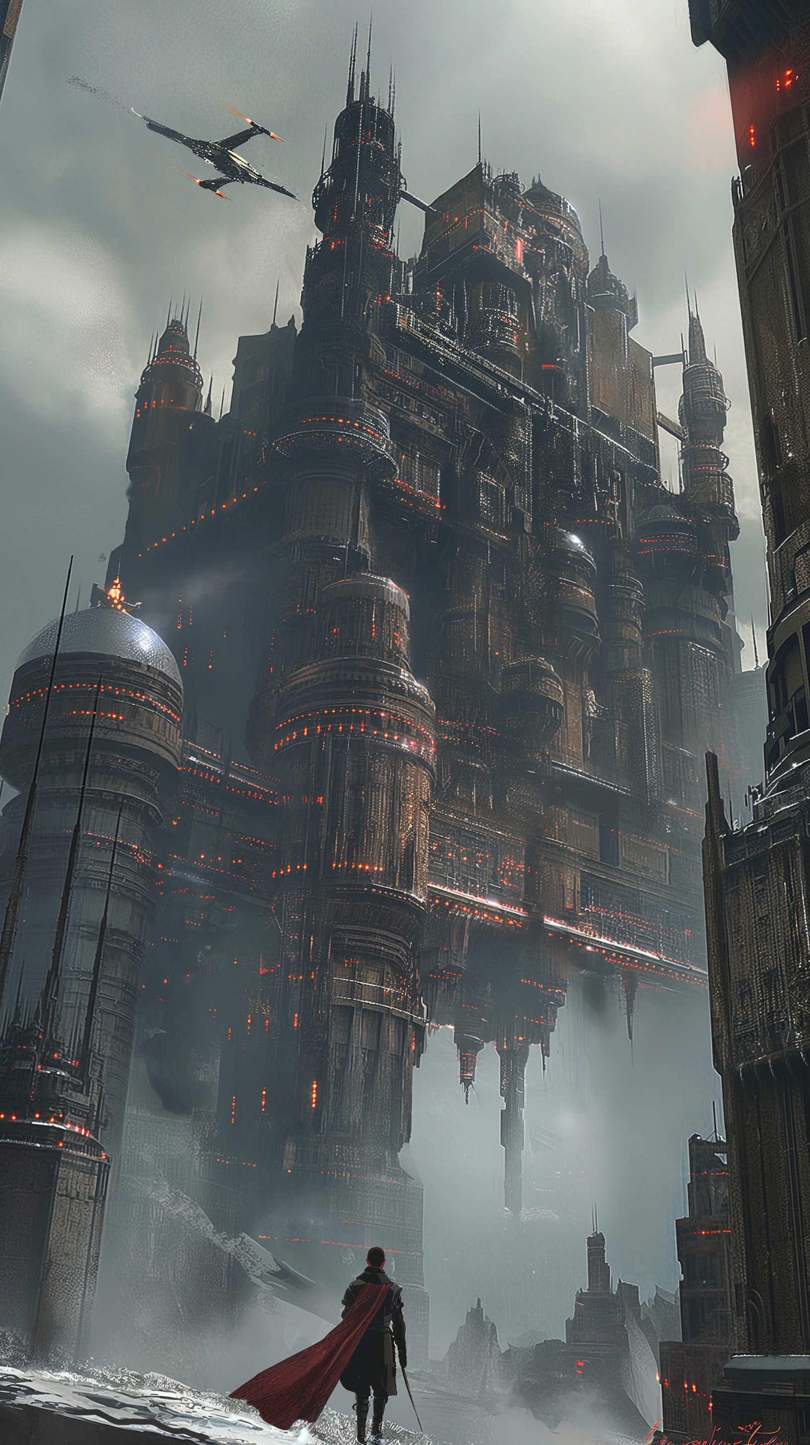 A majestic sci-fi castle looms in the background, with a lone knight in a red cape ready for adventure, set against a dramatic sky—an epic phone wallpaper.