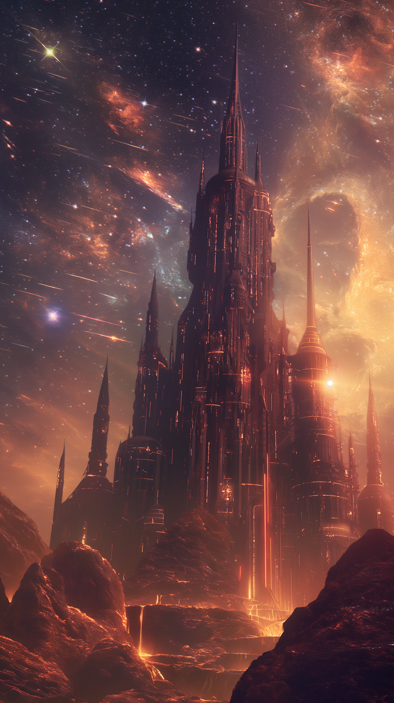 A majestic sci-fi castle rises against a cosmic backdrop, surrounded by bubbling lava, creating a stunning and dramatic phone wallpaper.