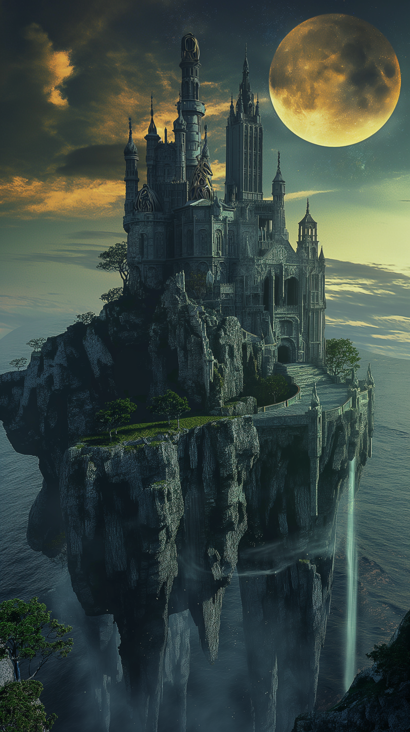 A towering sci-fi castle perched on a floating rocky island under a glowing full moon, designed as a striking phone wallpaper for iPhones and Android devices.