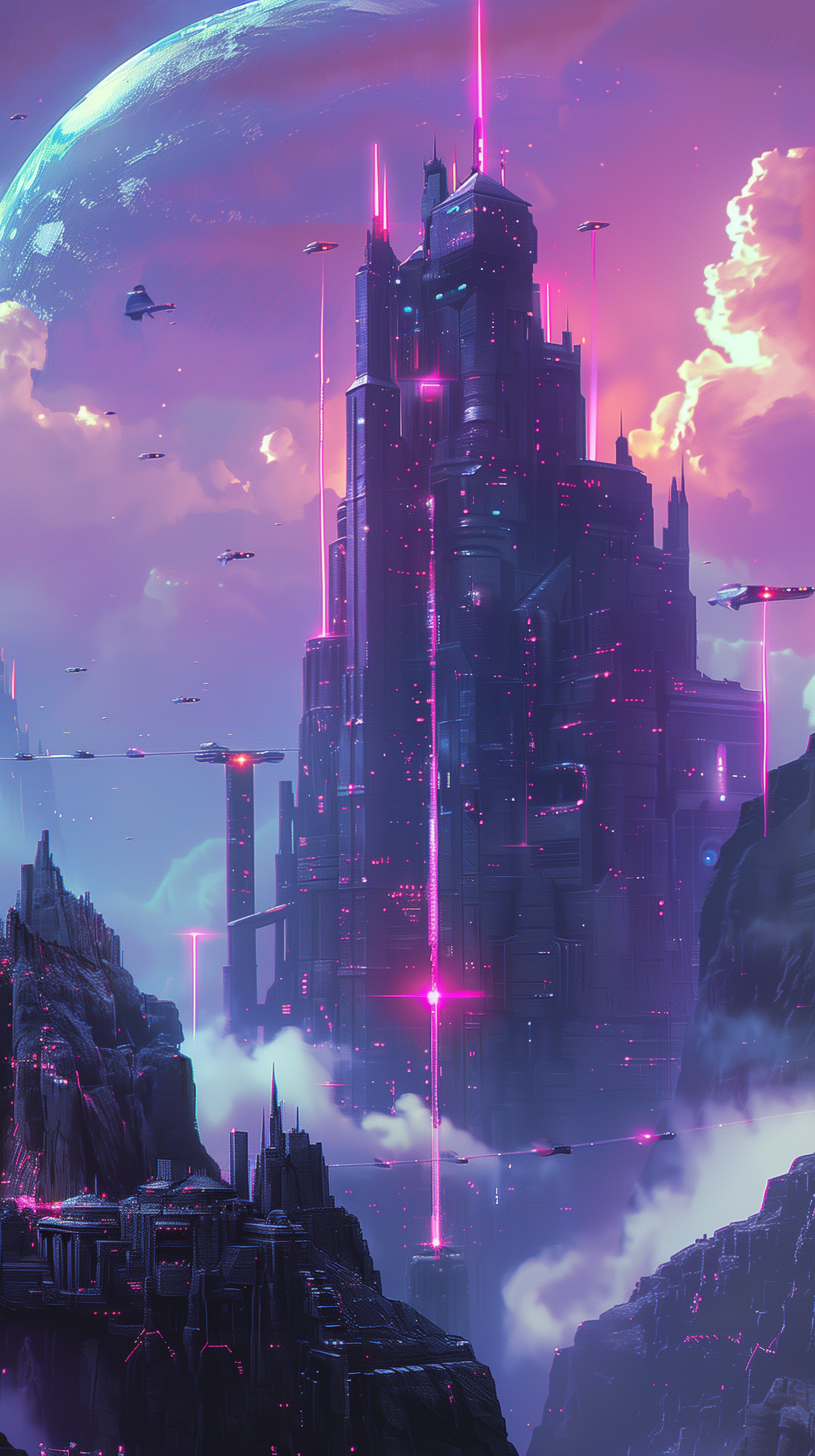 A stunning sci-fi castle rises into a vibrant, purple sky, illuminated by neon lights and surrounded by distant planets and flying ships, creating an otherworldly phone wallpaper.
