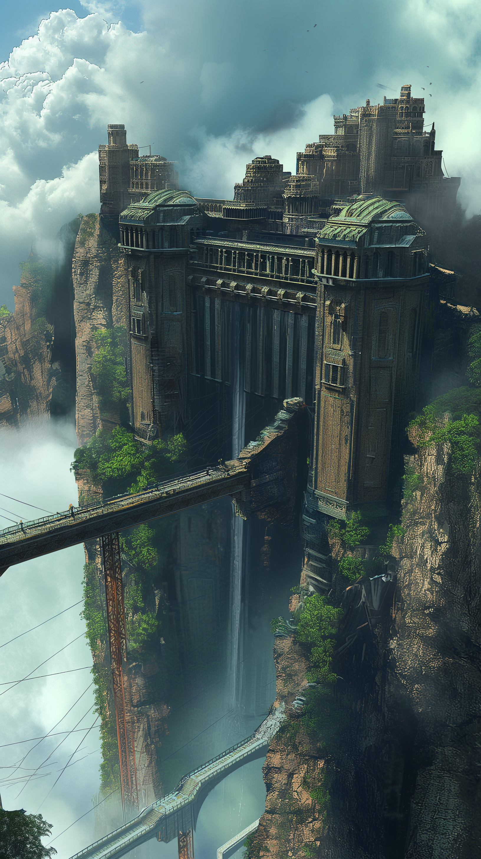 A stunning sci-fi castle perched on a cliff, surrounded by clouds and a cascading waterfall, creates an ethereal backdrop for an eye-catching phone wallpaper.