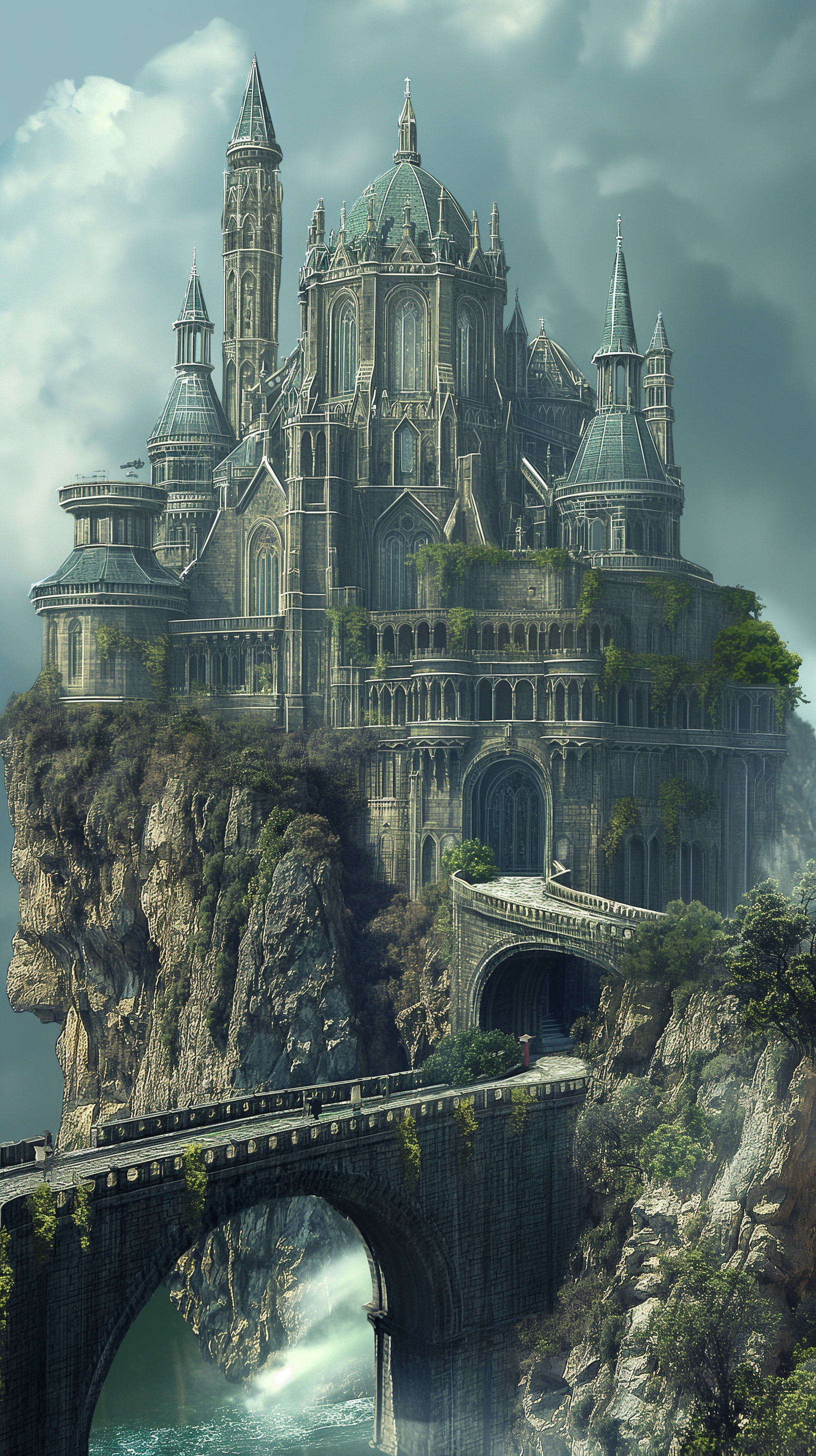 Fantasy castle on a cliff with bridge phone wallpaper.