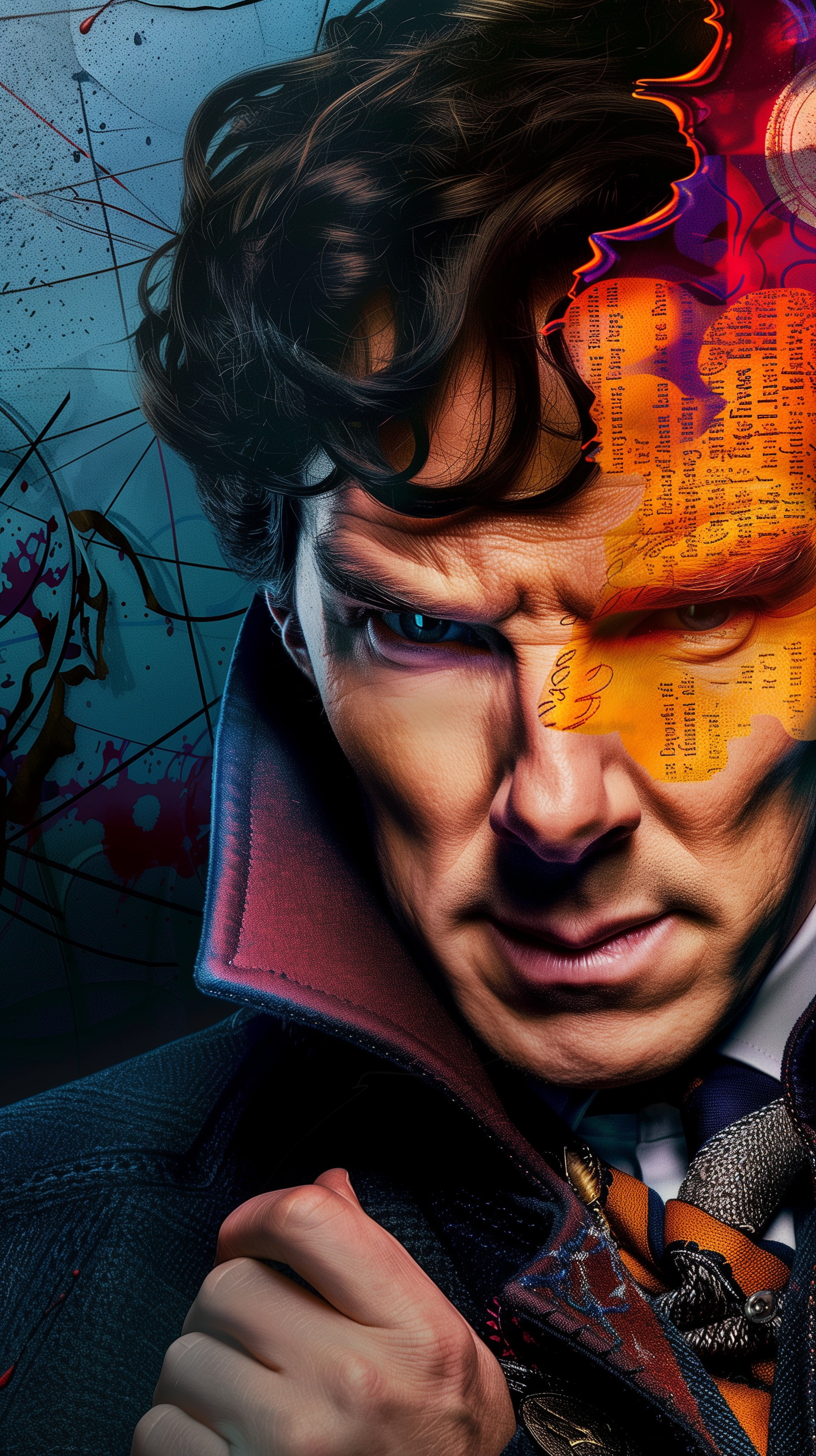 Artistic fan art wallpaper for mobile featuring an intense, stylized illustration of Sherlock Holmes, with visual elements highlighting his detective mind.