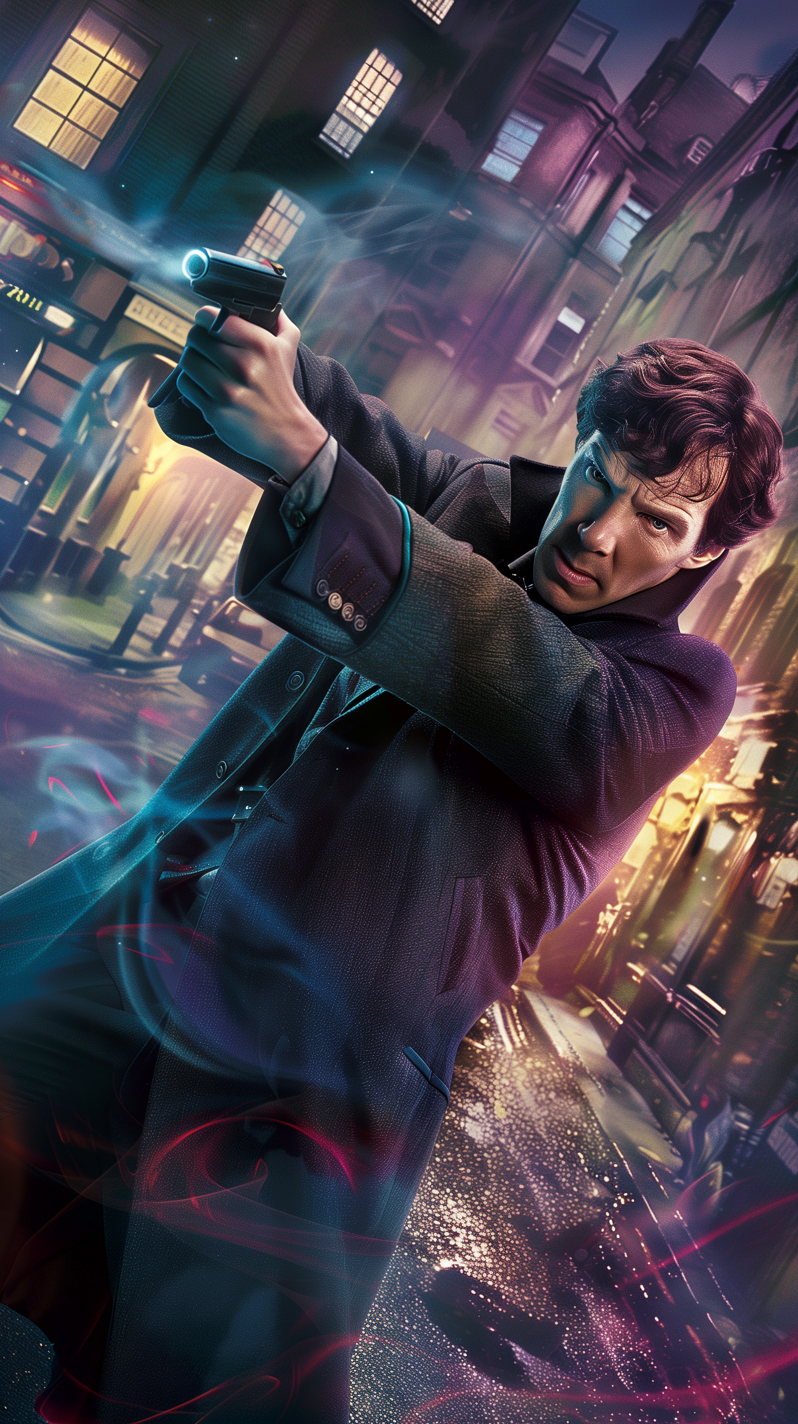 A dynamic fan art representation of Sherlock Holmes, featuring him aiming a gun in a moody, atmospheric street scene. This stunning image makes an engaging phone wallpaper.