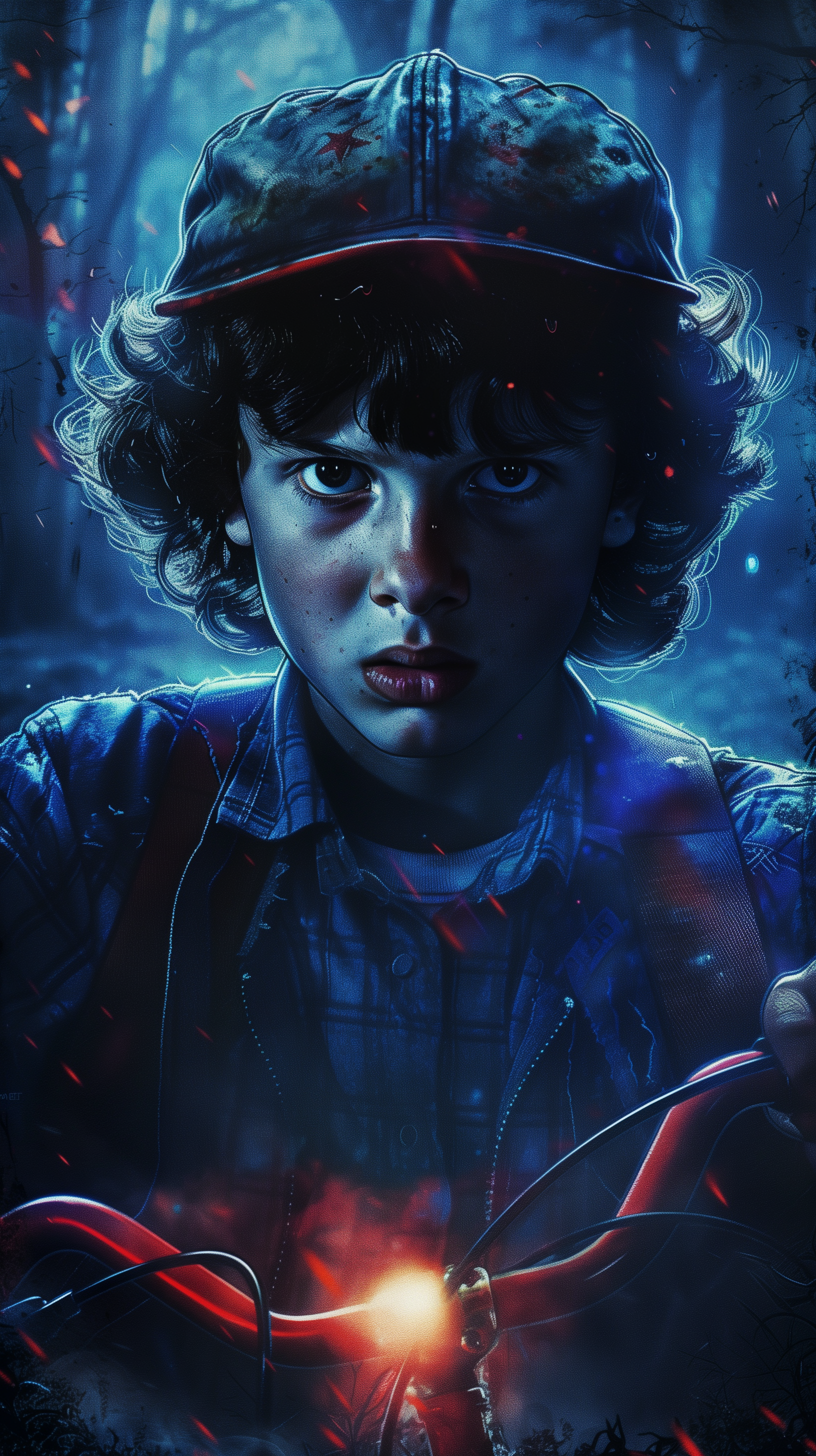 Stranger Things inspired fan art phone wallpaper featuring a stylized illustration of a character in a red, blue, and dark color palette.