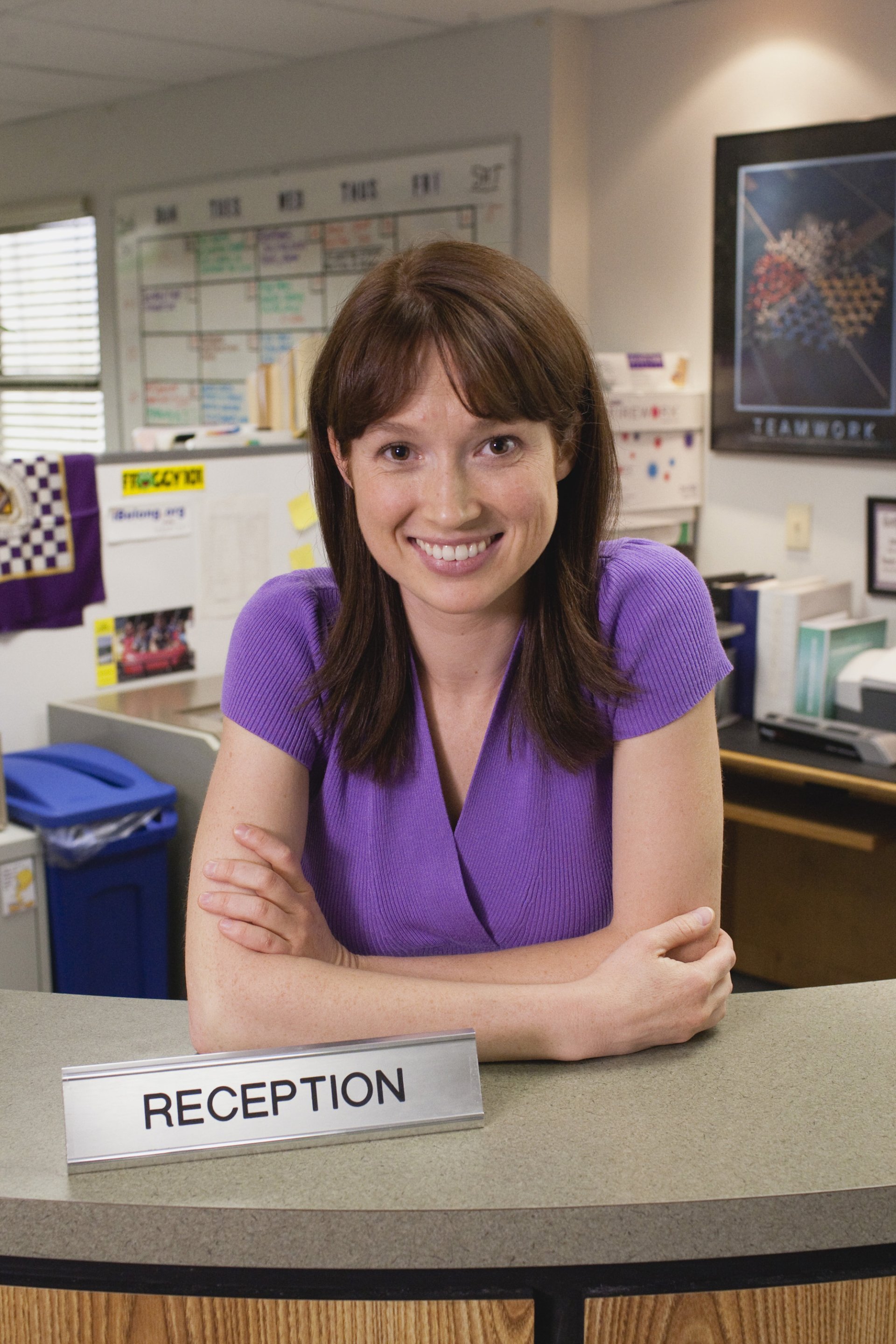 Wallpaper of Ellie Kemper as receptionist from The Office (US) TV show, smiling at the reception desk.