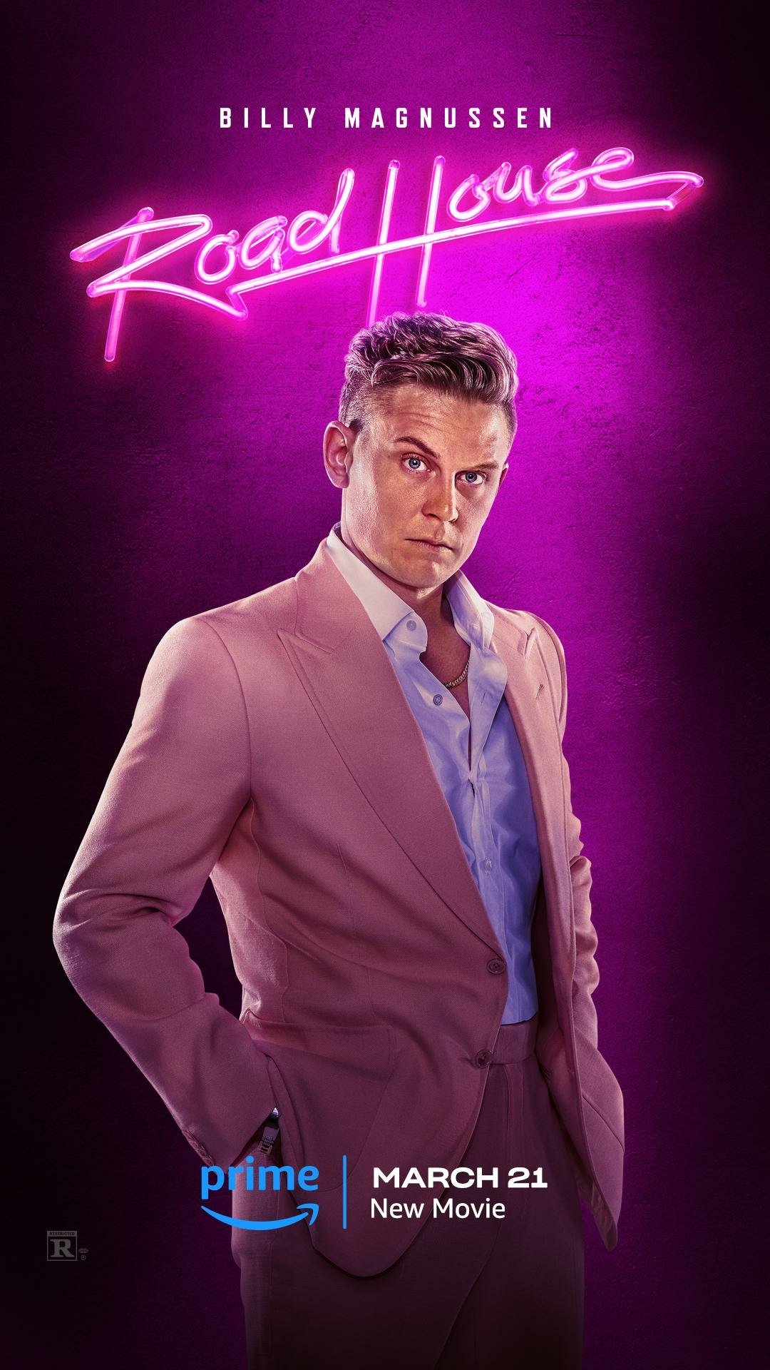 Billy Magnussen on a promotional phone wallpaper for the 2024 movie Road House, featuring neon title graphics and a release date announcement.