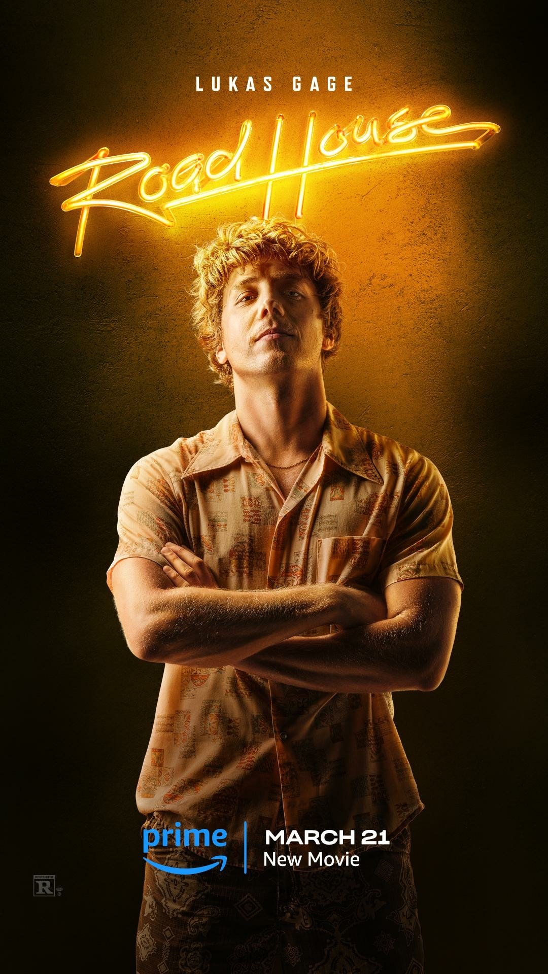 Phone wallpaper featuring the promotional poster for 'Road House (2024)' with actor Lukas Gage, showing a stylized title and release date on Prime.