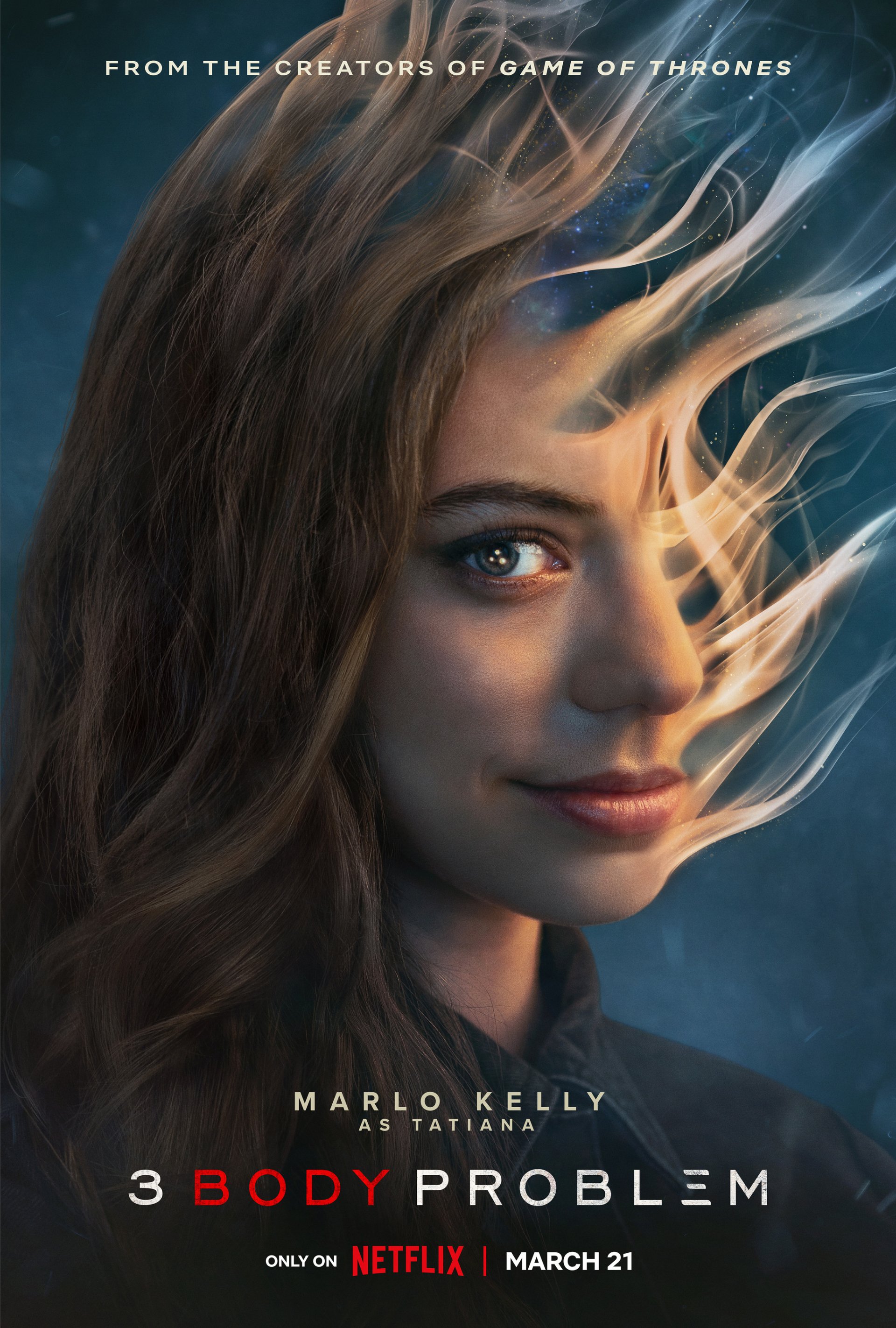 Phone wallpaper featuring a promotional poster for the TV show '3 Body Problem' with a female character and mystic swirls, coming to Netflix on March 21.