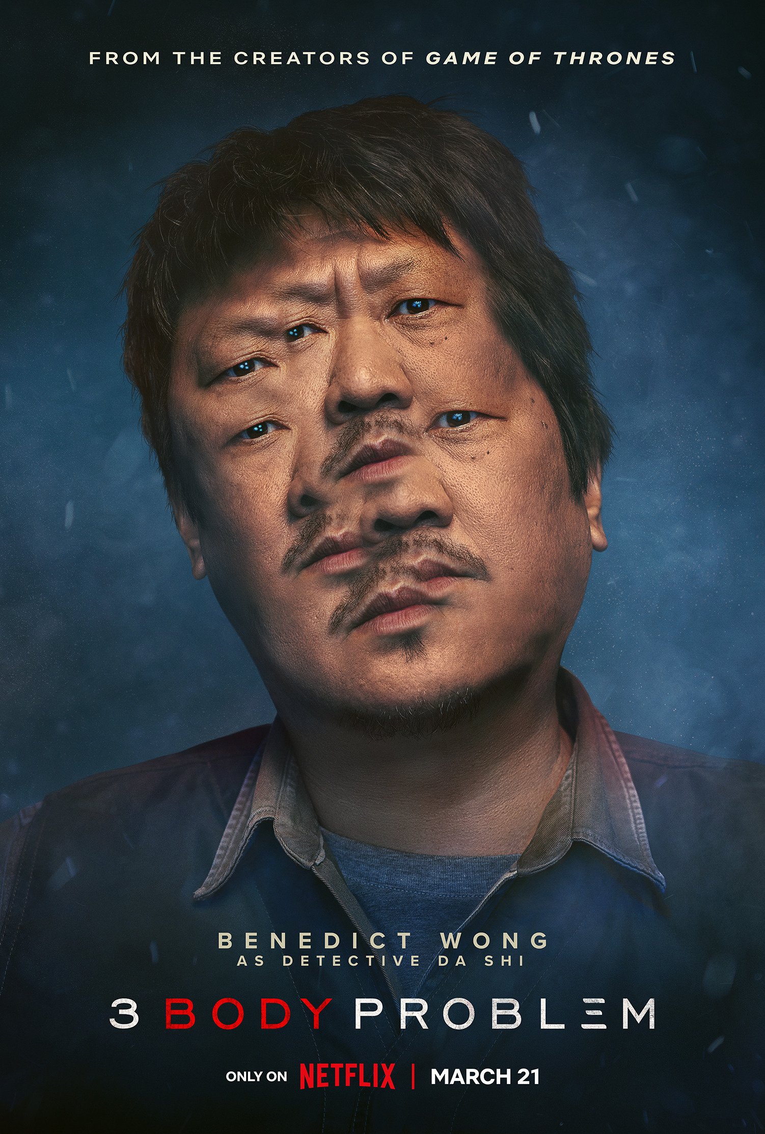 Promotional phone wallpaper featuring Benedict Wong in the TV show 3 Body Problem, coming to Netflix, with a dark blue background.
