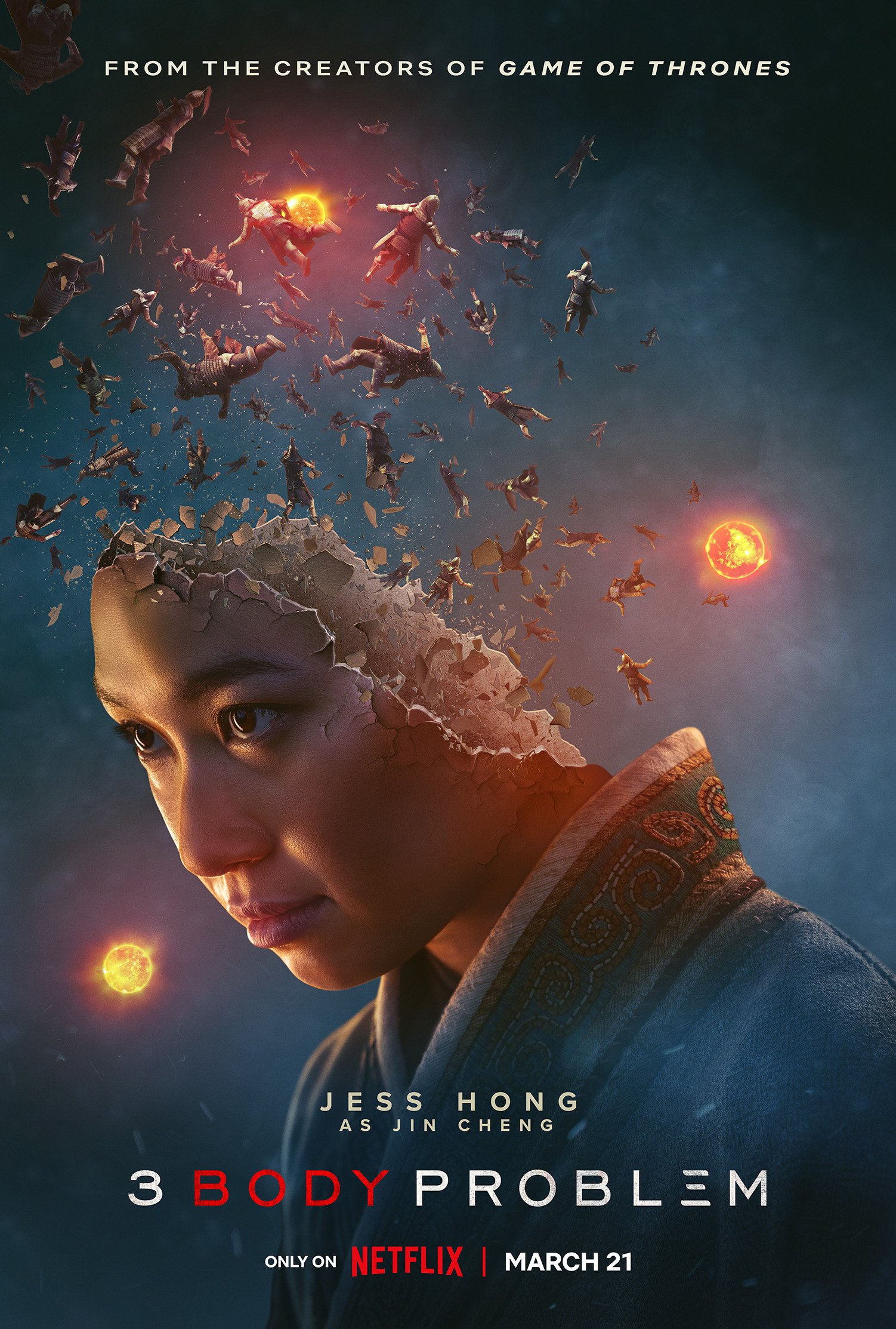 Phone wallpaper featuring the poster of the '3 Body Problem' TV show with a character front and center amidst cosmic debris, coming to Netflix on March 21.