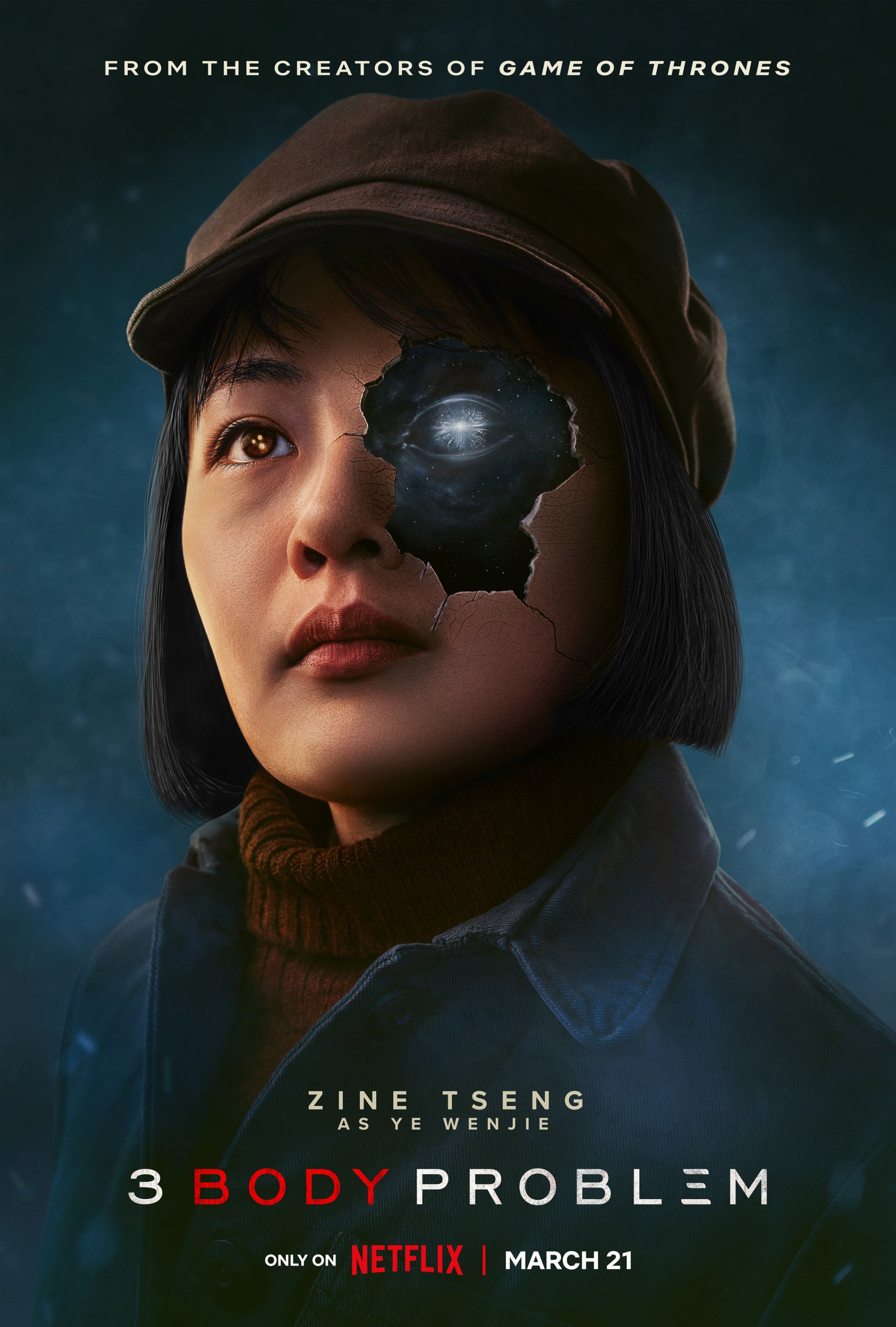 Promotional phone wallpaper for '3 Body Problem' Netflix show featuring a character looking upwards with a cosmic-themed eye patch, from the creators of Game of Thrones, available March 21.