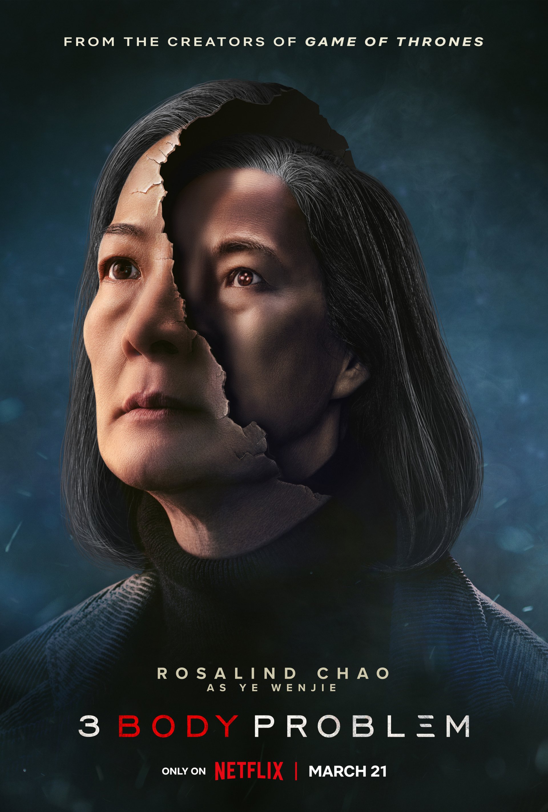 Phone wallpaper featuring Rosalind Chao in the Netflix TV show '3 Body Problem' with a dark, cosmic background.