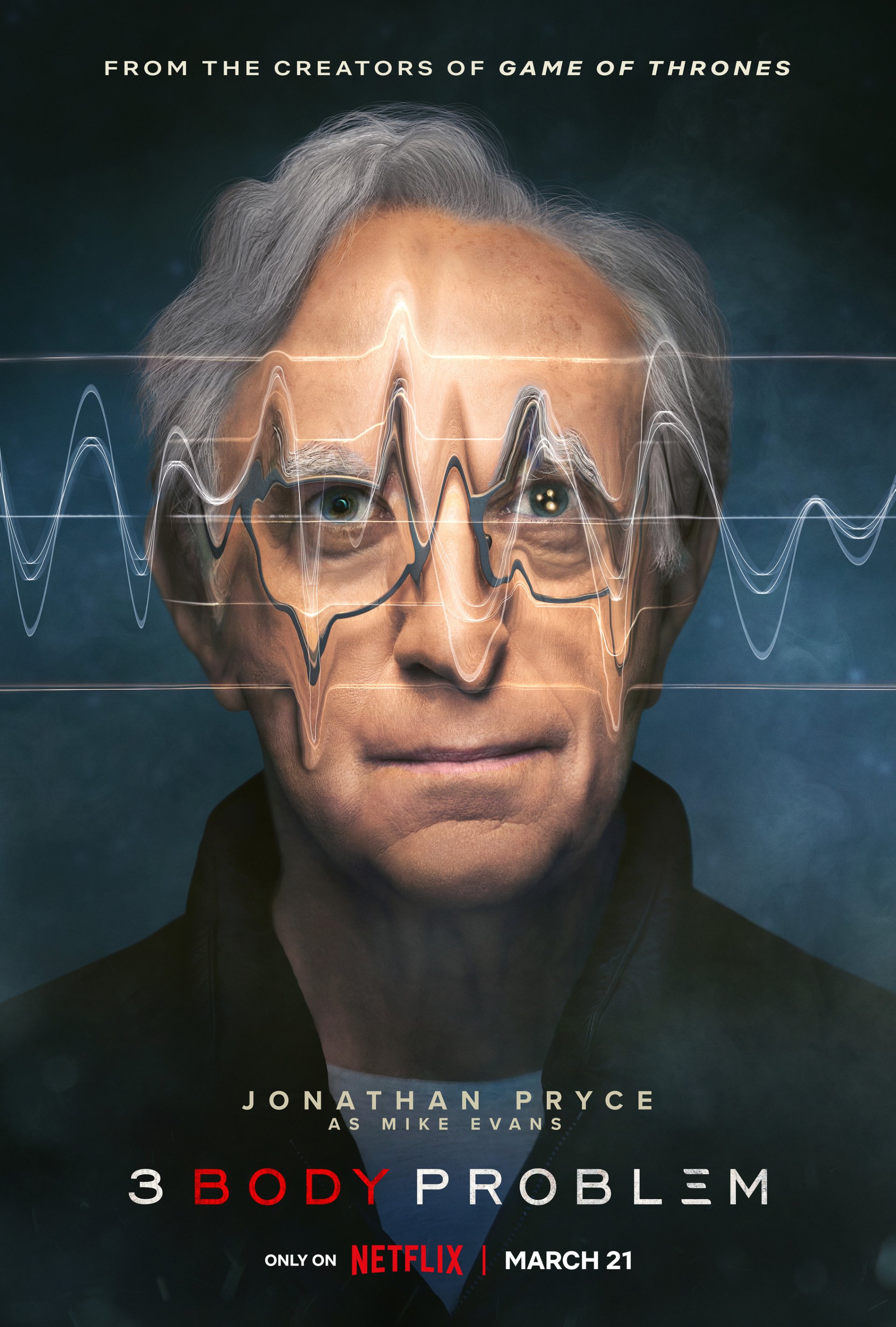 Promotional phone wallpaper featuring Jonathan Pryce in the TV show 3 Body Problem, highlighting its release by the creators of Game of Thrones on Netflix.