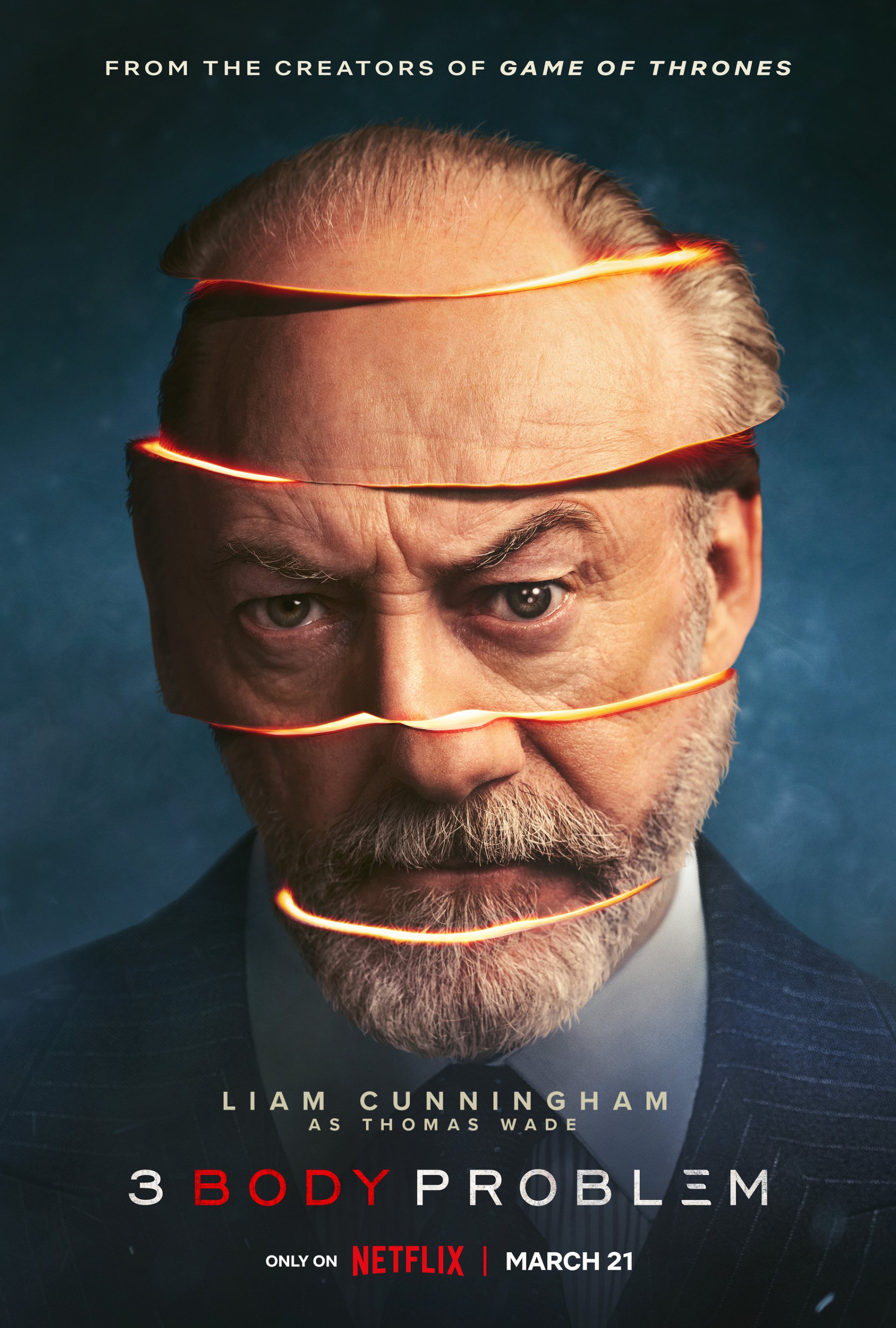 Promotional phone wallpaper for 3 Body Problem featuring Liam Cunningham, from the creators of Game of Thrones, coming to Netflix March 21.