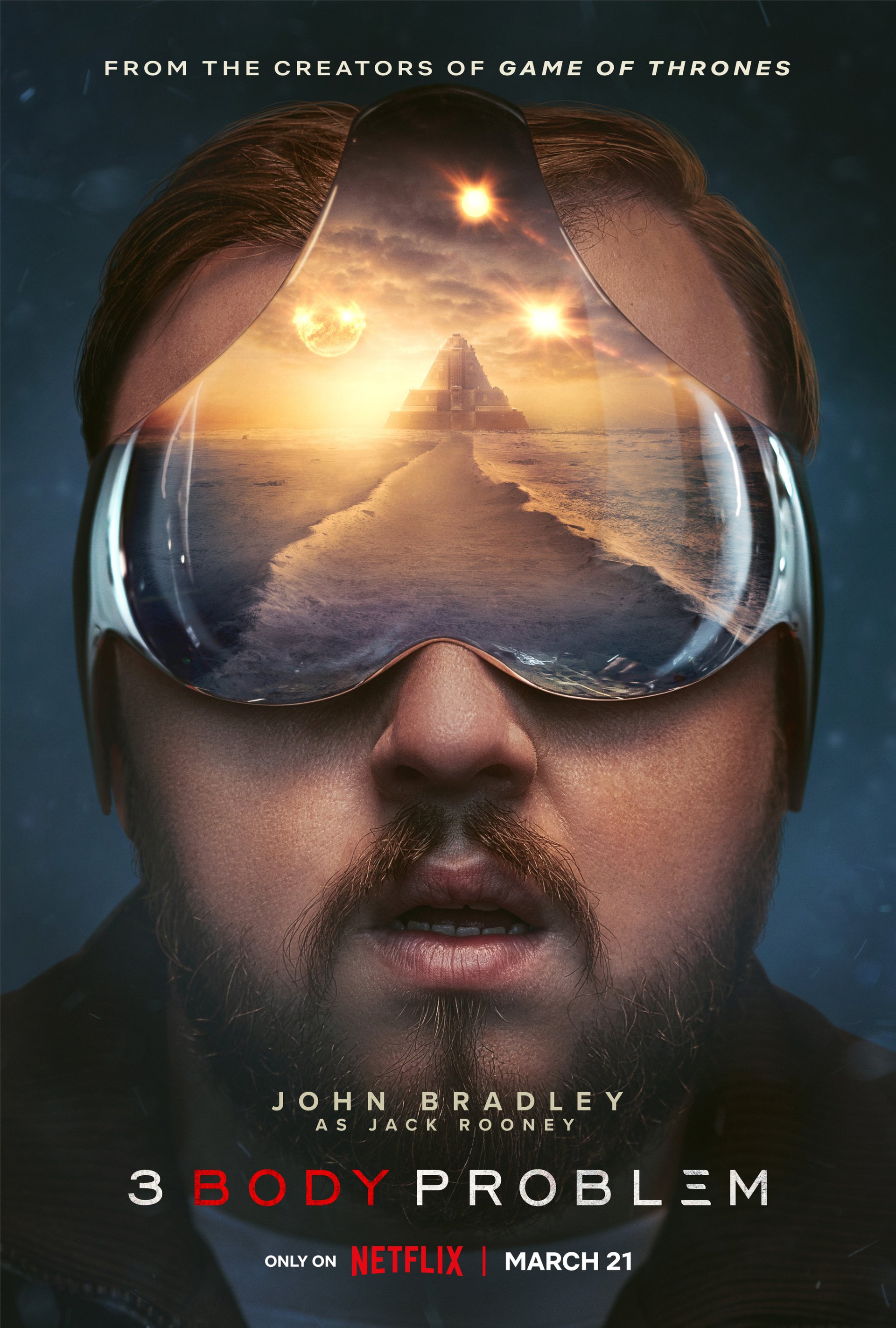 Promotional wallpaper for the TV show 3 Body Problem featuring actor John Bradley wearing futuristic goggles, with a serene landscape reflection, available on Netflix from March 21.