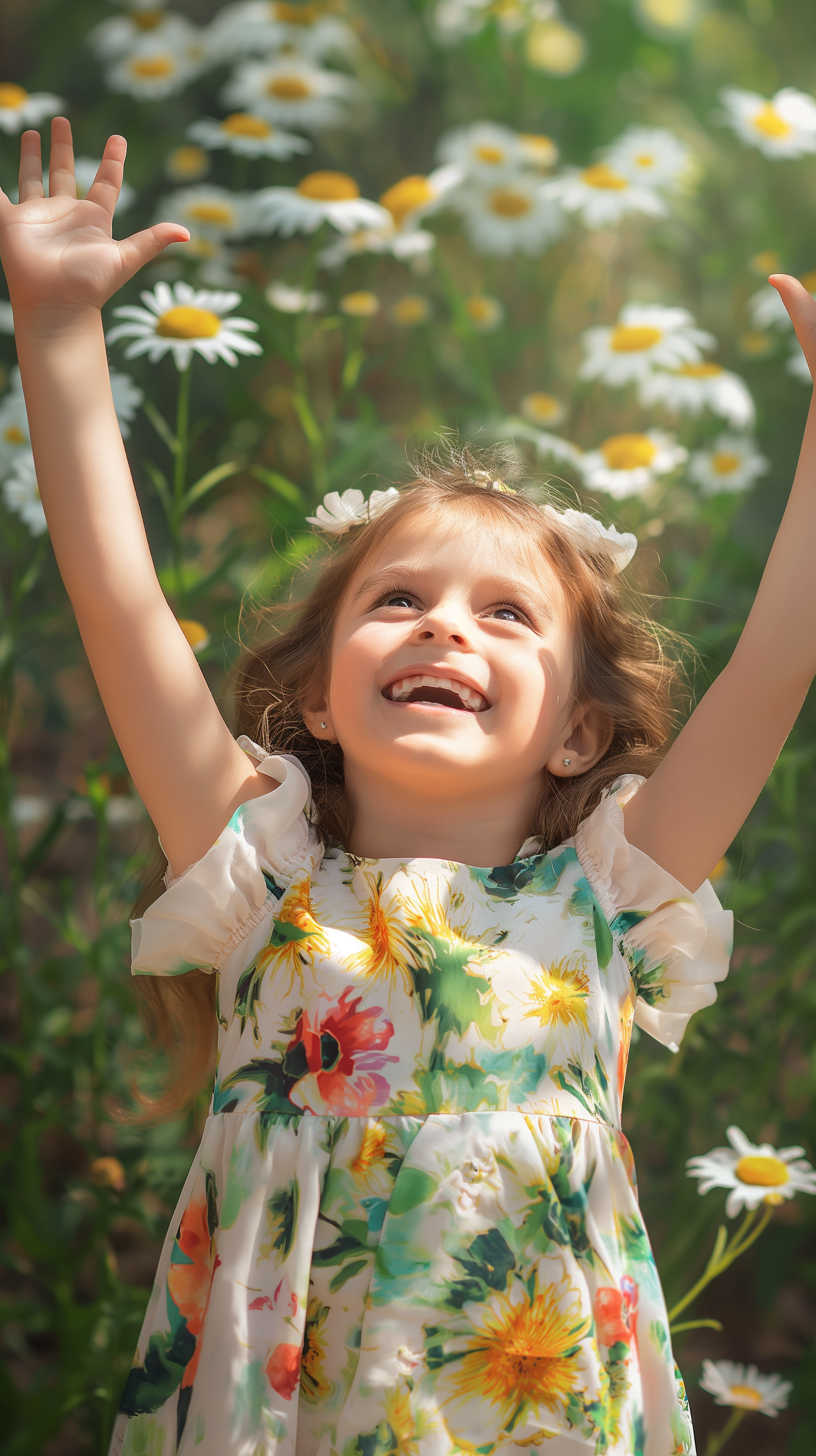 A joyful child in a floral summer dress smiles with arms raised amidst a backdrop of blooming daisies, capturing the essence of carefree summer days.