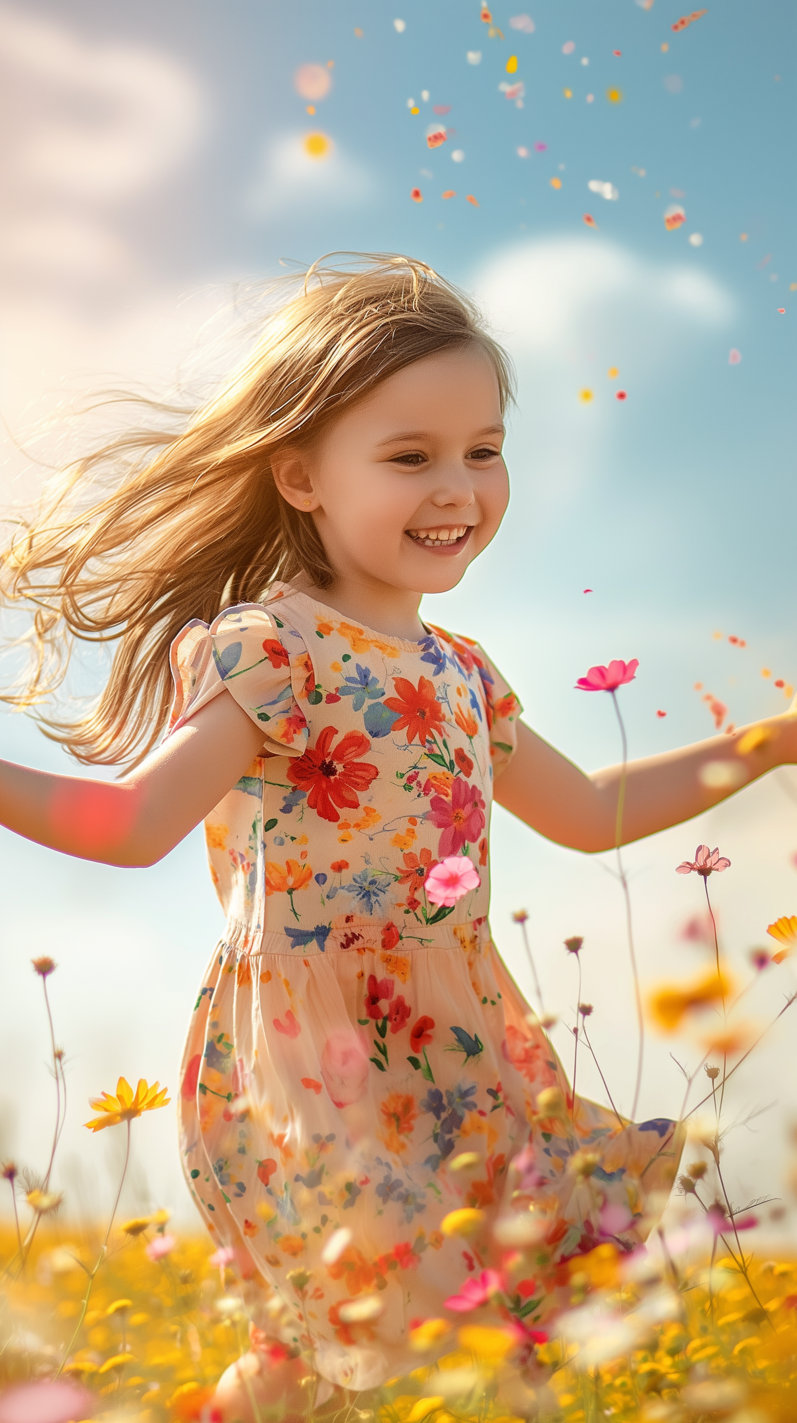 A smiling child in a floral summer dress joyfully spins among a field of colorful flowers under a bright sky, creating a vibrant and cheerful phone wallpaper.