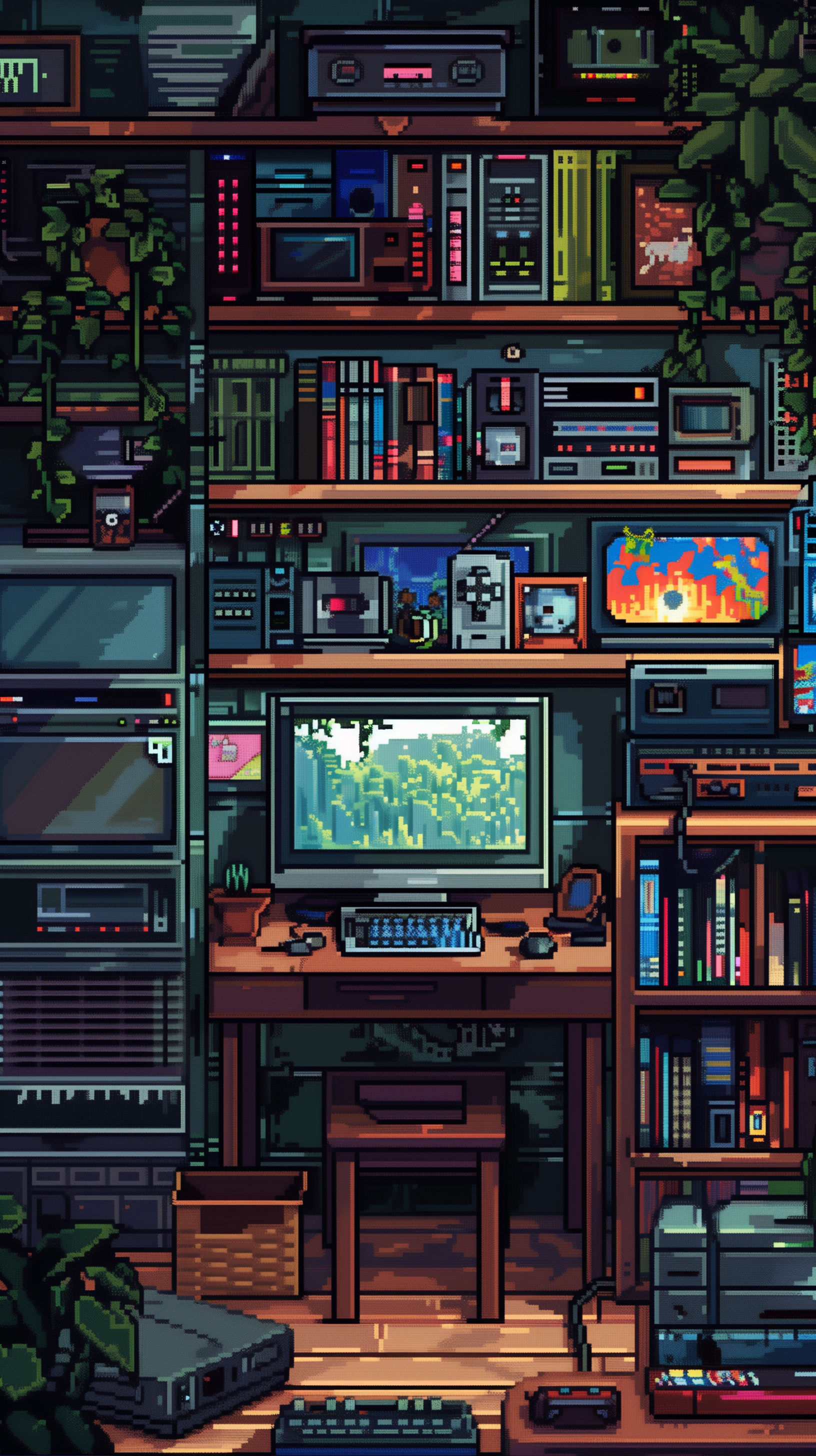 A vibrant pixel art wallpaper depicting a cozy game room filled with vintage consoles, bookshelves, and a computer setup, surrounded by lush plants and nostalgic decor.