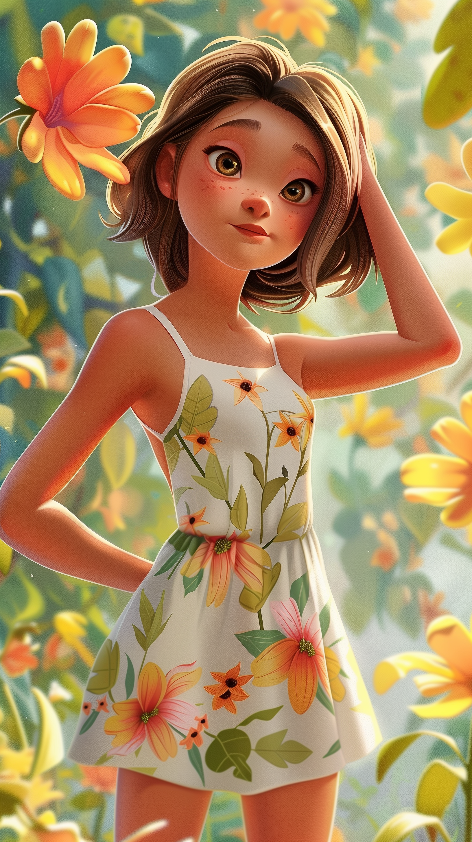 Animated girl in a summer floral dress posing for a cheerful phone wallpaper with bright flowers in the background.