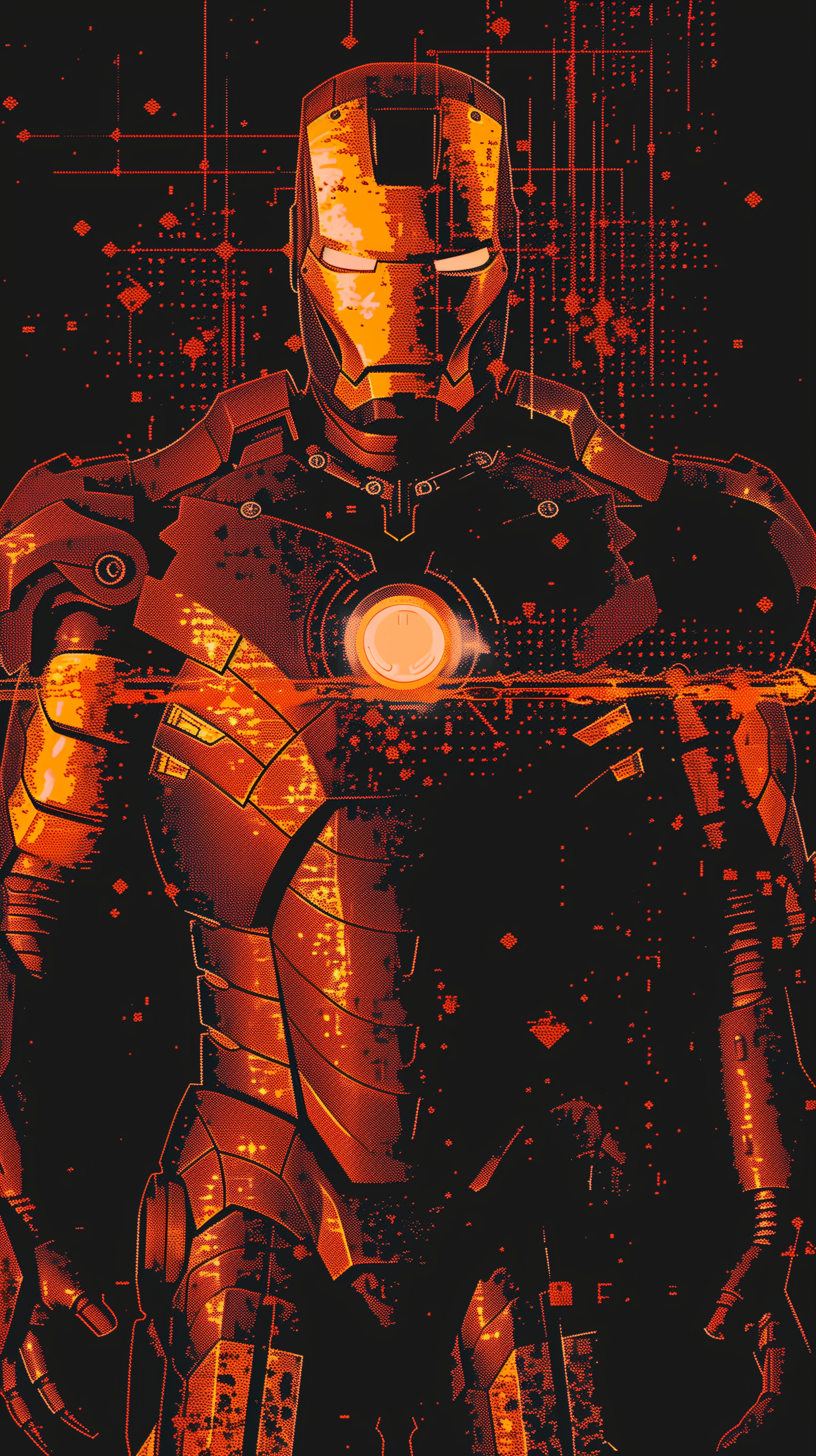Stylized Iron Man phone wallpaper in a red and orange digital art theme.