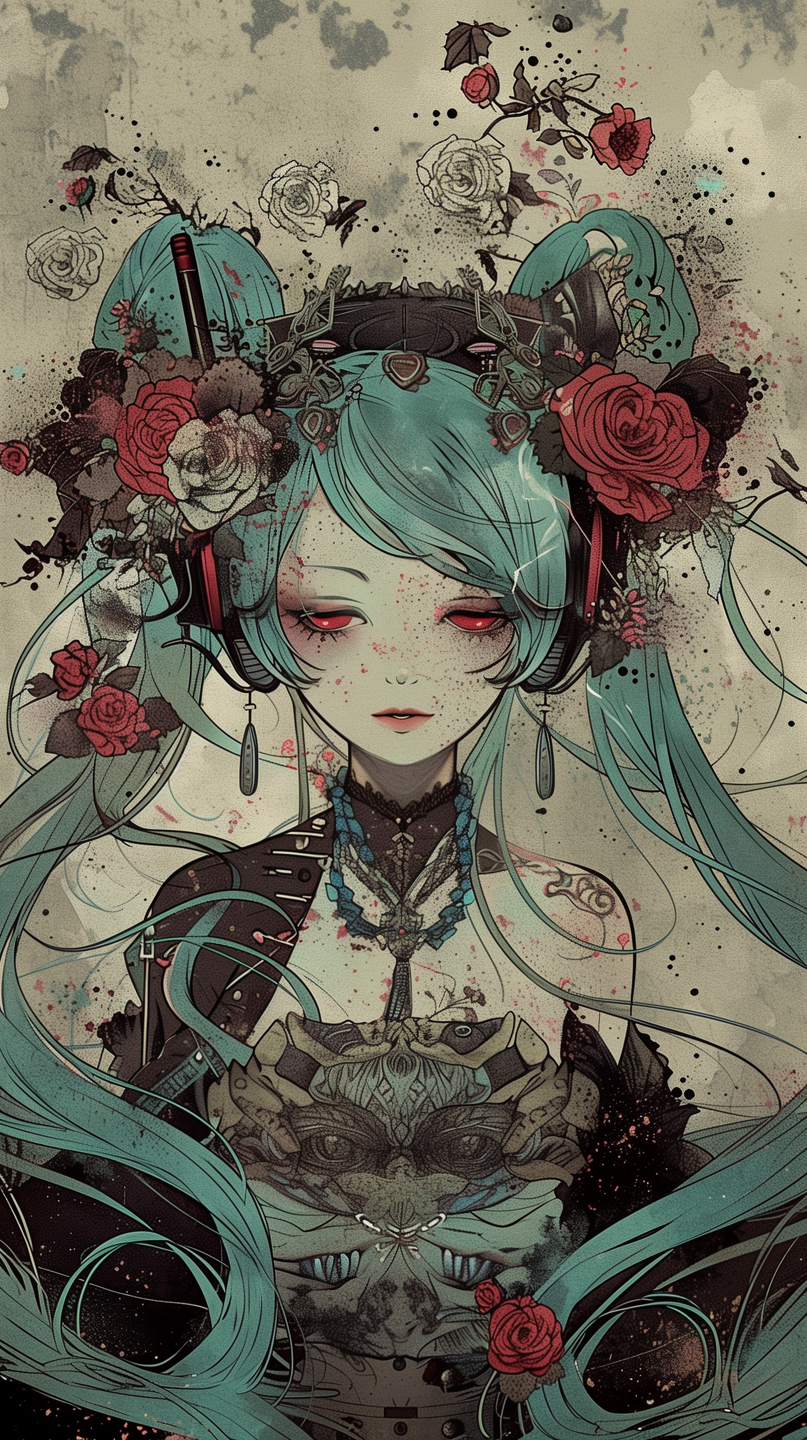 Hatsune Miku phone wallpaper featuring an artistic depiction of the virtual idol with turquoise hair, floral adornments, and a whimsical, grunge background.