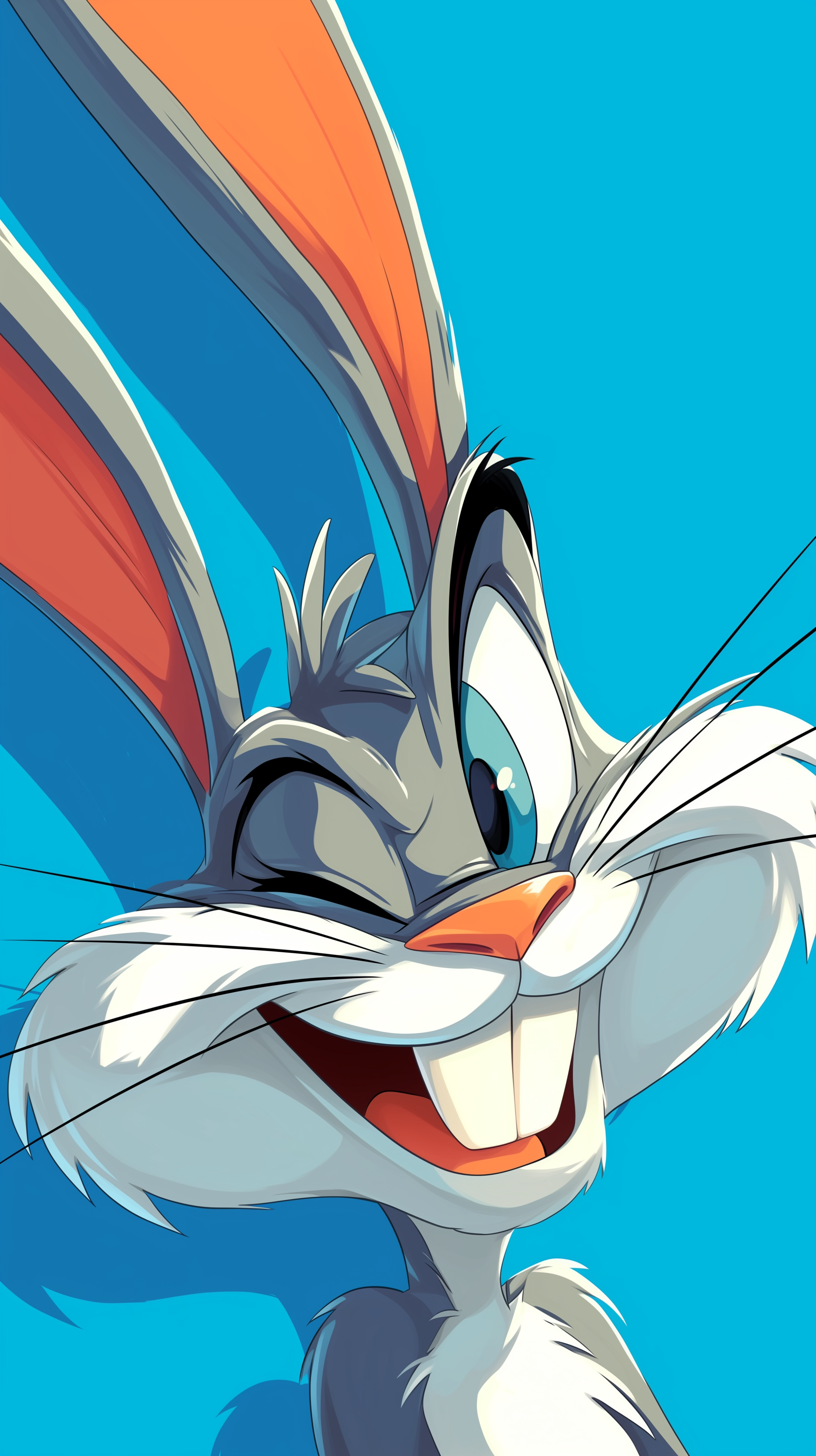 A vibrant phone wallpaper featuring Bugs Bunny winking and smiling, set against a bright blue background, capturing his playful personality and charm.