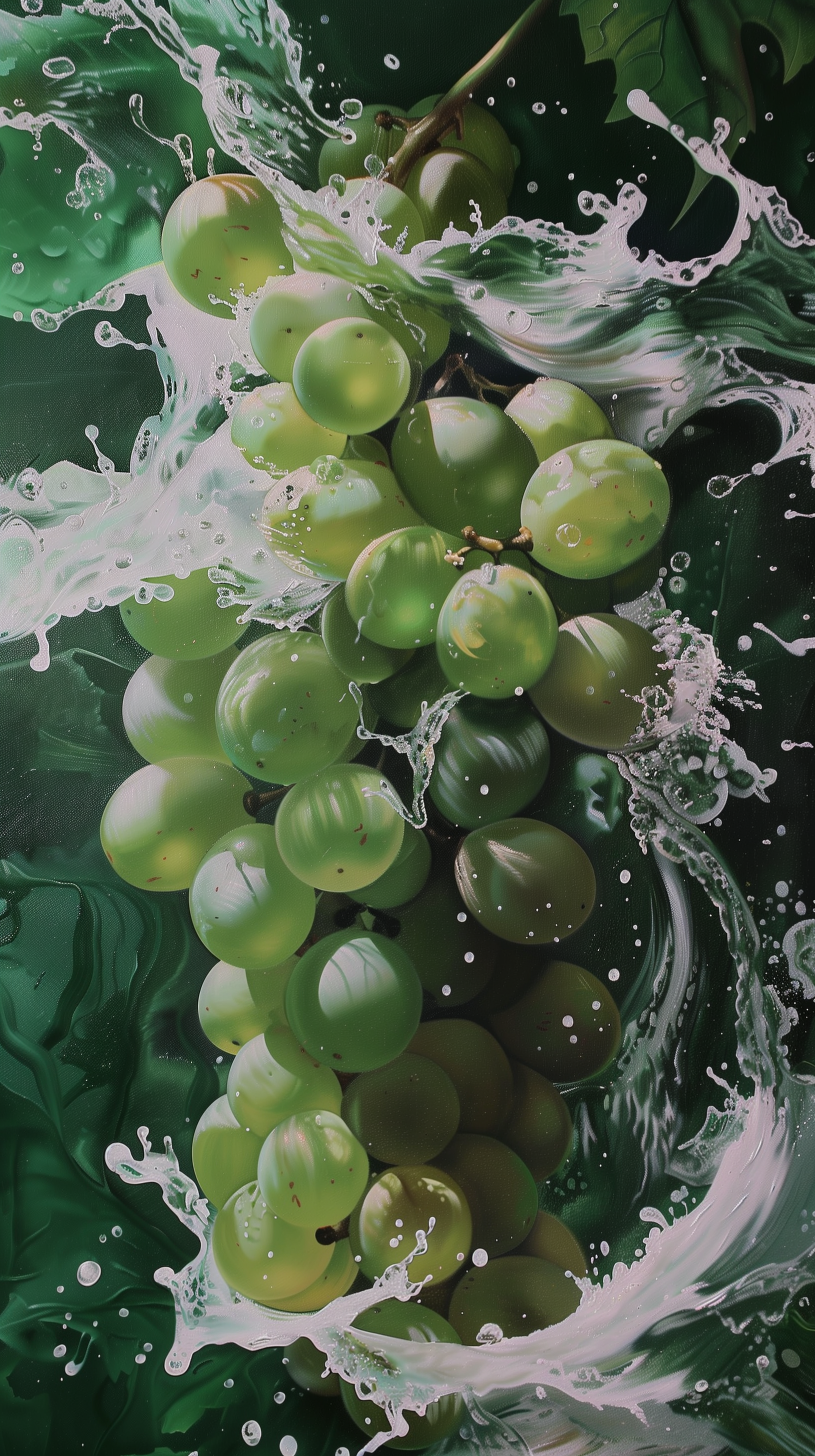 A vibrant phone wallpaper featuring a cluster of green grapes, surrounded by splashes of water and lush green leaves, creating a refreshing and lively aesthetic.