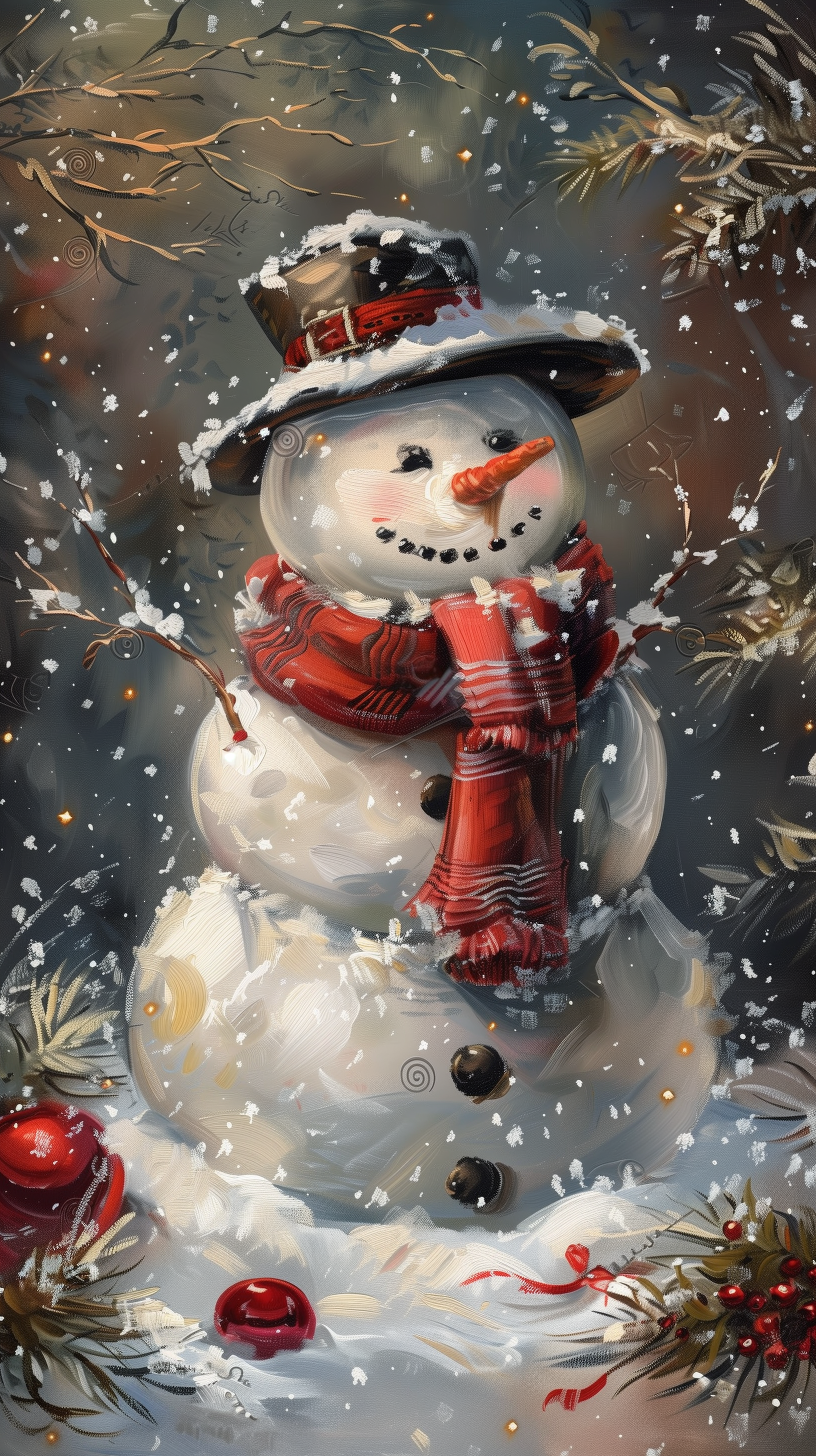 A cheerful snowman adorned with a black hat and red scarf stands amidst falling snow, surrounded by pine branches and festive ornaments, creating a cozy phone wallpaper scene.
