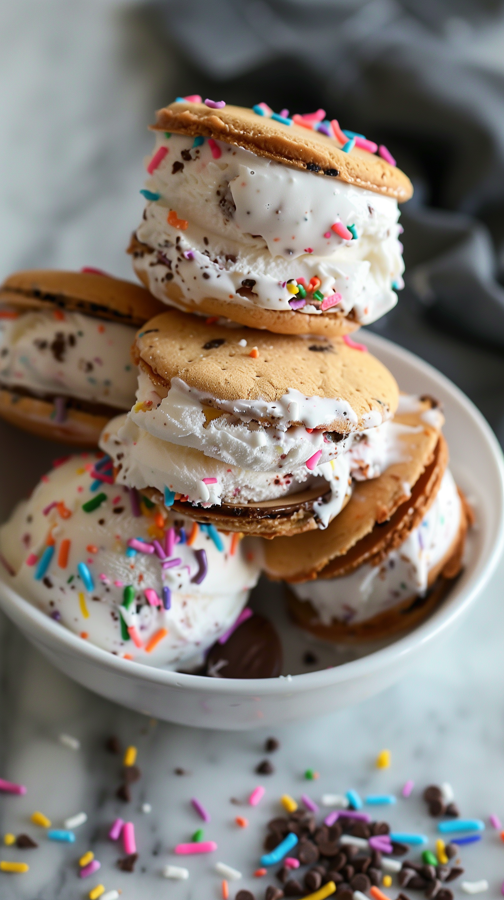 A delightful stack of ice cream sandwiches, filled with creamy ice cream and colorful sprinkles, sits in a bowl surrounded by scattered chocolate sprinkles, creating a fun phone wallpaper.