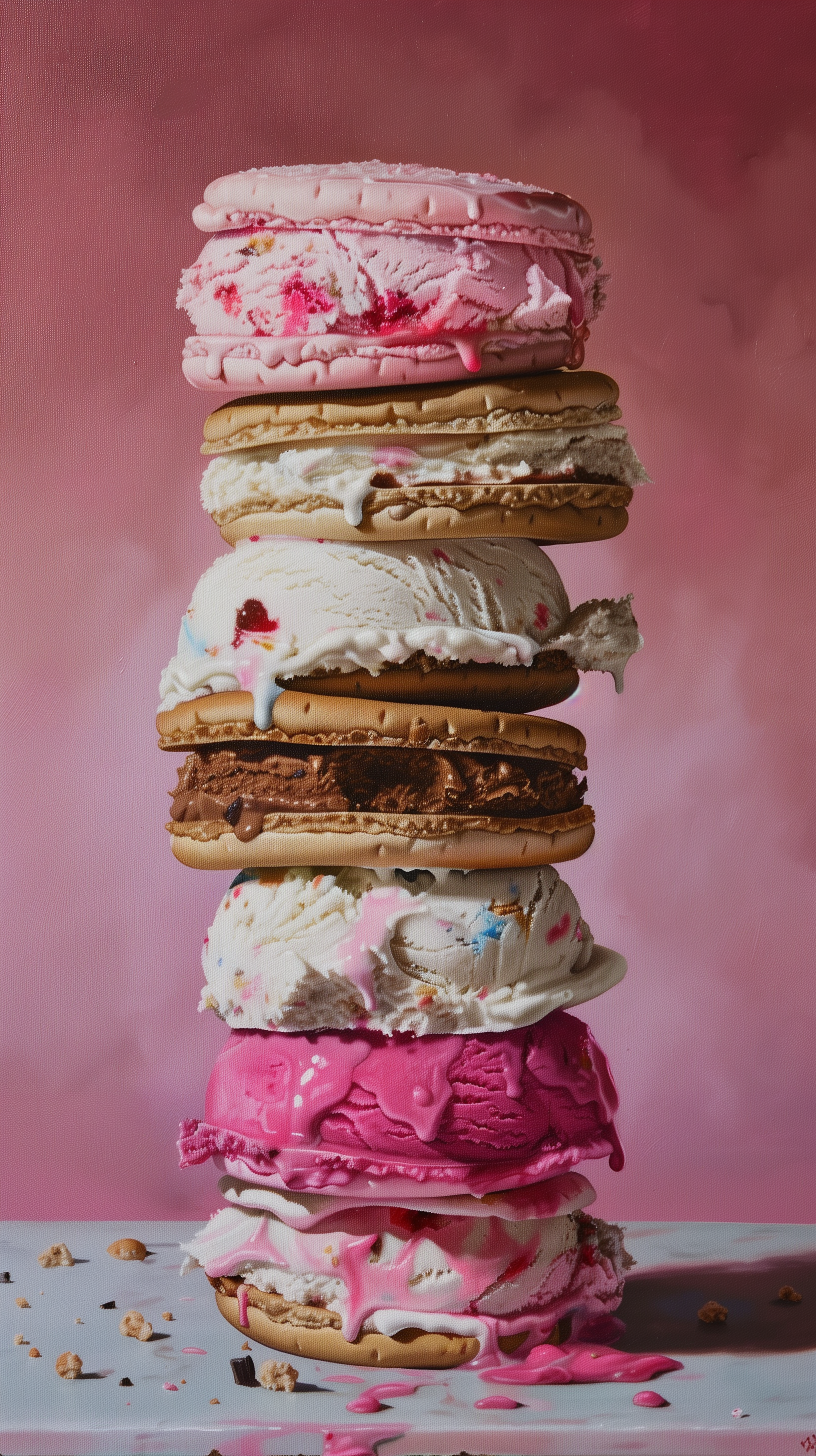 A visually striking phone wallpaper featuring a tall stack of colorful ice cream sandwiches, showcasing various flavors against a soft pink background.